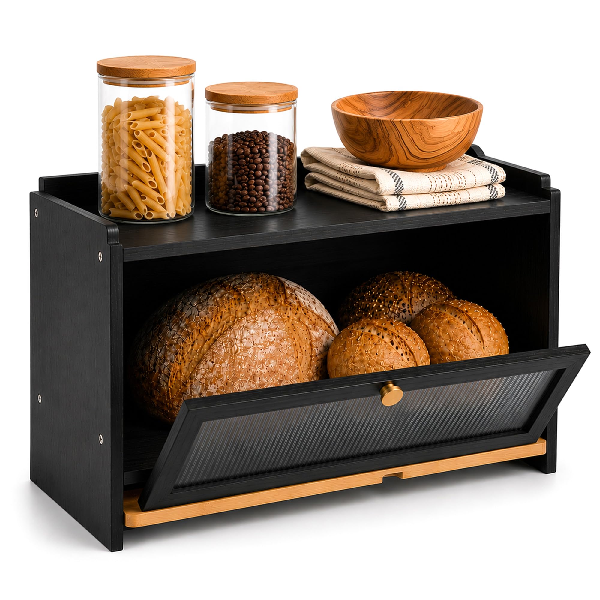 AH® Bambusowy chlebak z drewna z deską do krojenia, drewniane chlebaki z wentylacją - elegancki pojemnik na chleb do przechowywania chleba, 40 x 26 x 23 cm, drewniany pojemnik na chleb (czarny)