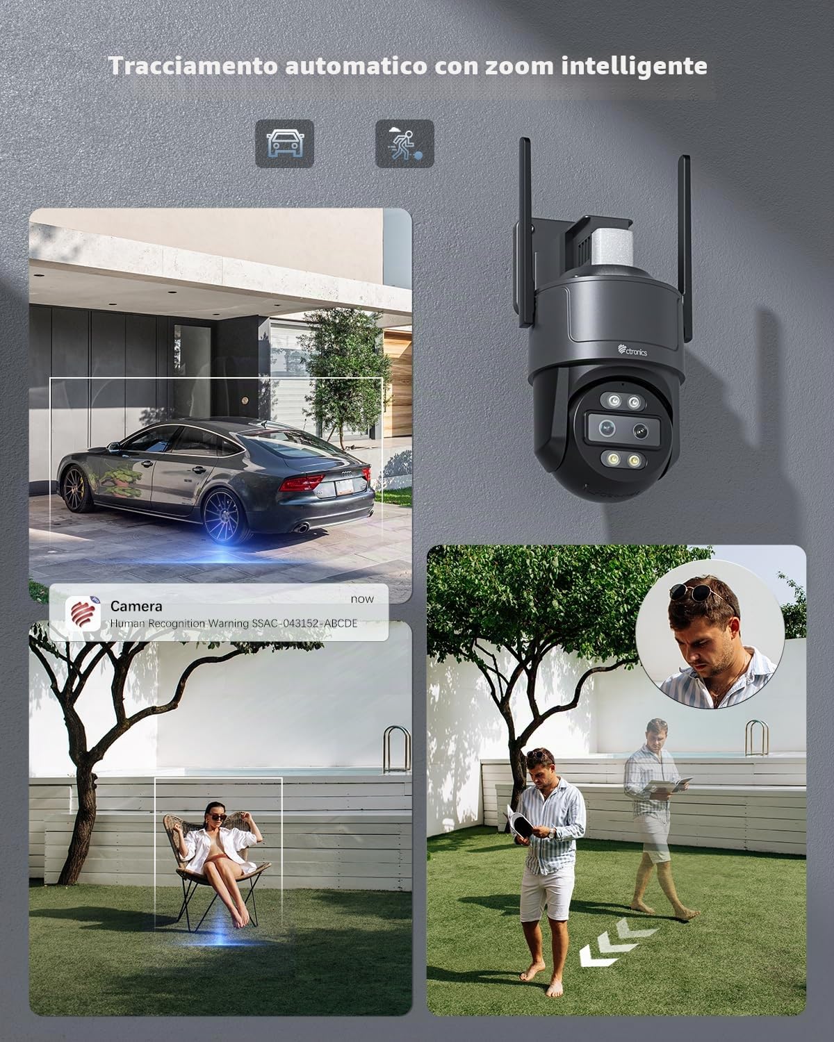 Ctronics 2.5K 4G LTE Telecamera da Esterno con Doppio Obiettivo, Zoom Ibrido 10X, Auto-Tracking, Visione Notturna a Colori 30m, Rossa/Blu, PC/App, NVR/FTP, Cloud/TF 128GB, Parete & Soffitto