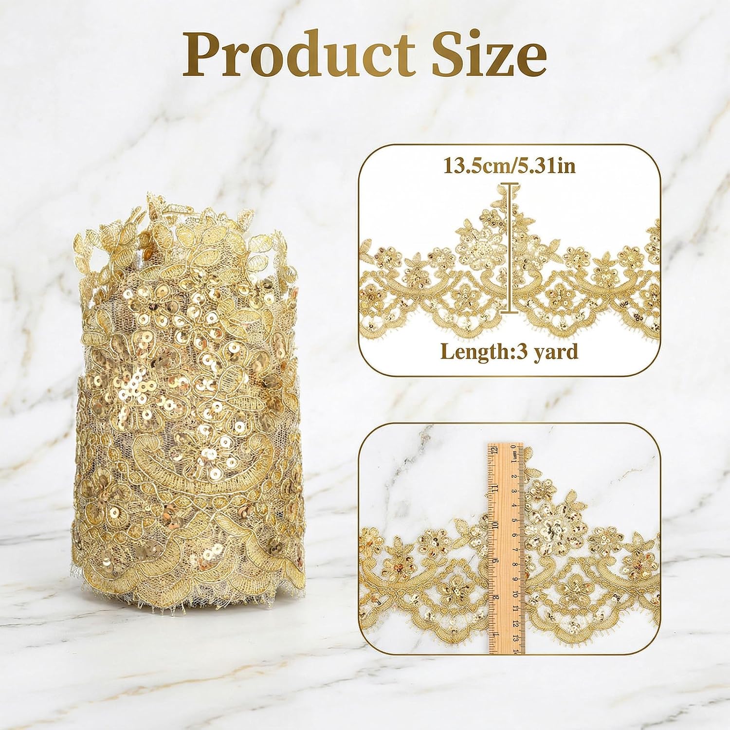 3 Yards Gold Lace Trim, Sequin Flower Embroidery Lace Ribbon for Sewing Gold Appliques Embellishments Metallic Ribbon Embroidery Edge Trimming for Dresses Gowns Wedding DIY Decor, 5.31in Width