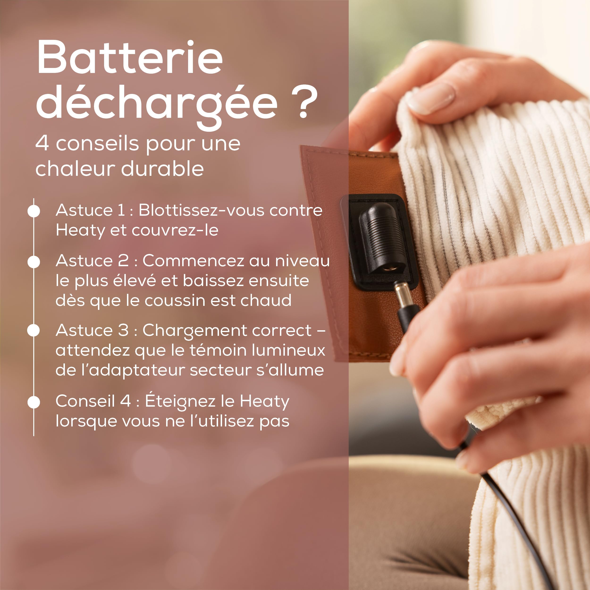 Beurer Heaty Coussin chauffant, coussin chauffant sans fil avec batterie, avec arrêt automatique et 3 réglages de la température, chauffe rapidement, velours doux, rose