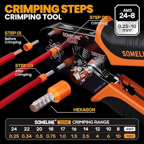 Miniatura 23 de SOMELINE Kit de herramientas de crimpado de virola, alicates autoajustables para virolas de alambre AWG 24-8, con terminales de casquillo de alambre