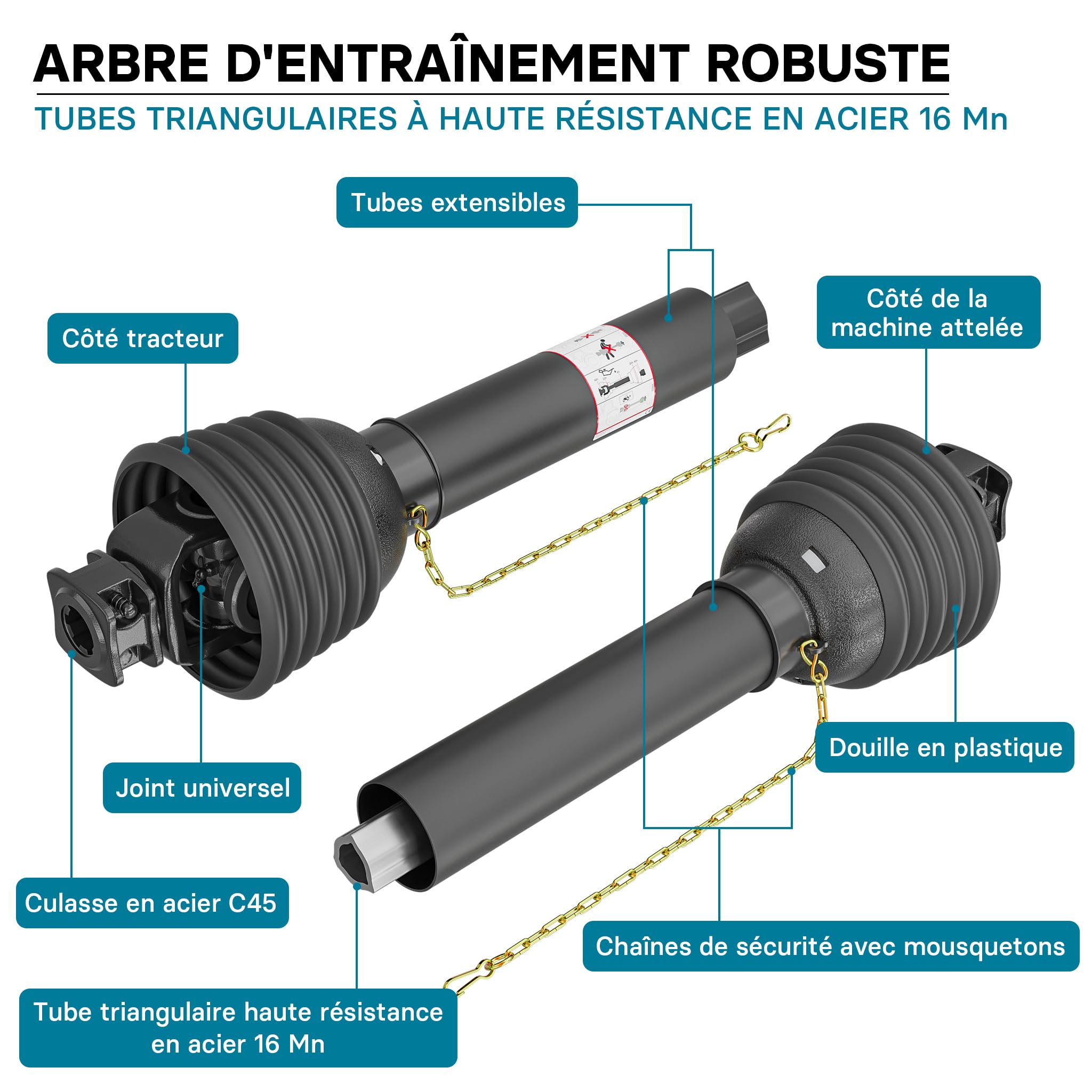WilTec Arbre de Transmission T8 Cardan 1000-1100mm 1240Nm 540 TR/Min 110kW (150CV) 2X 1 3/8" 6 Dents