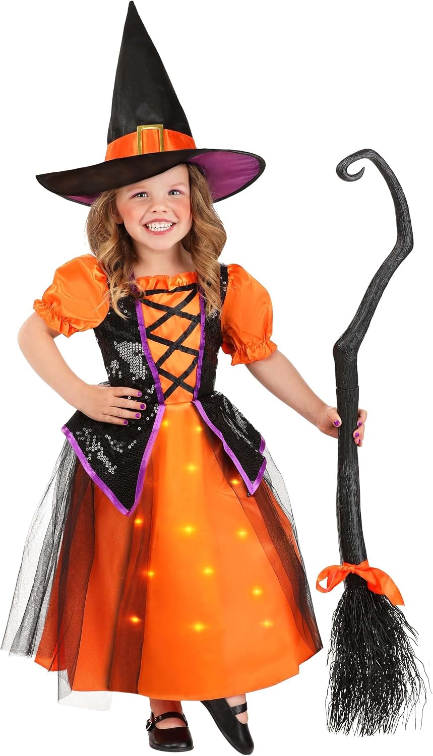 Toddler Light-Up Witch Costume | Sparkling Sorceress Dress and Hat, Fairy Tale Orange Shimmer Halloween Outfit