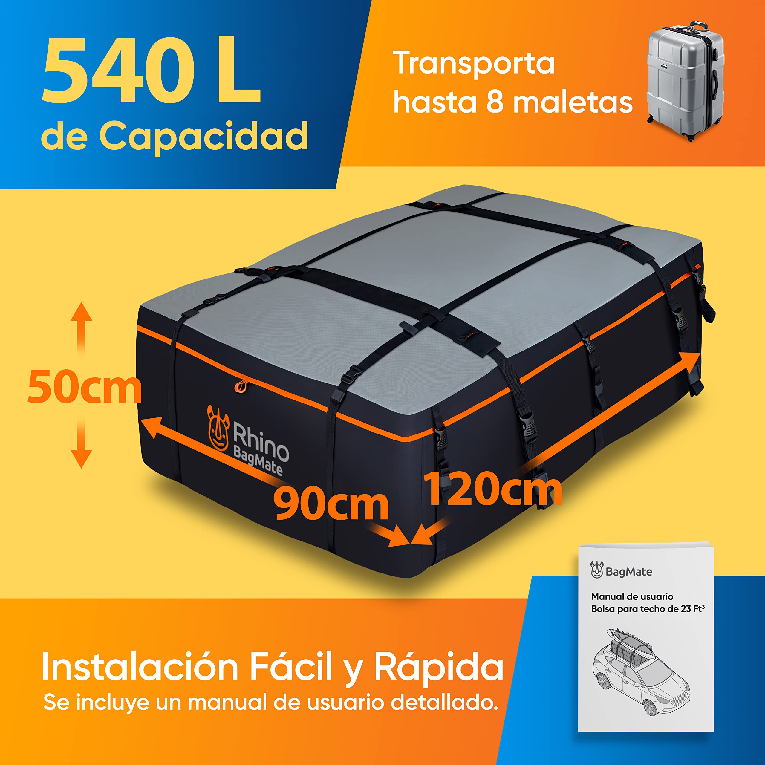 Rhino Bagmate Bolsa De Techo XL 540L (19 Pies Cúbicos). Protección UV 100% Impermeable. Cofre Techo Coche Extremadamente Duradero para Todos Los Coches con Techo