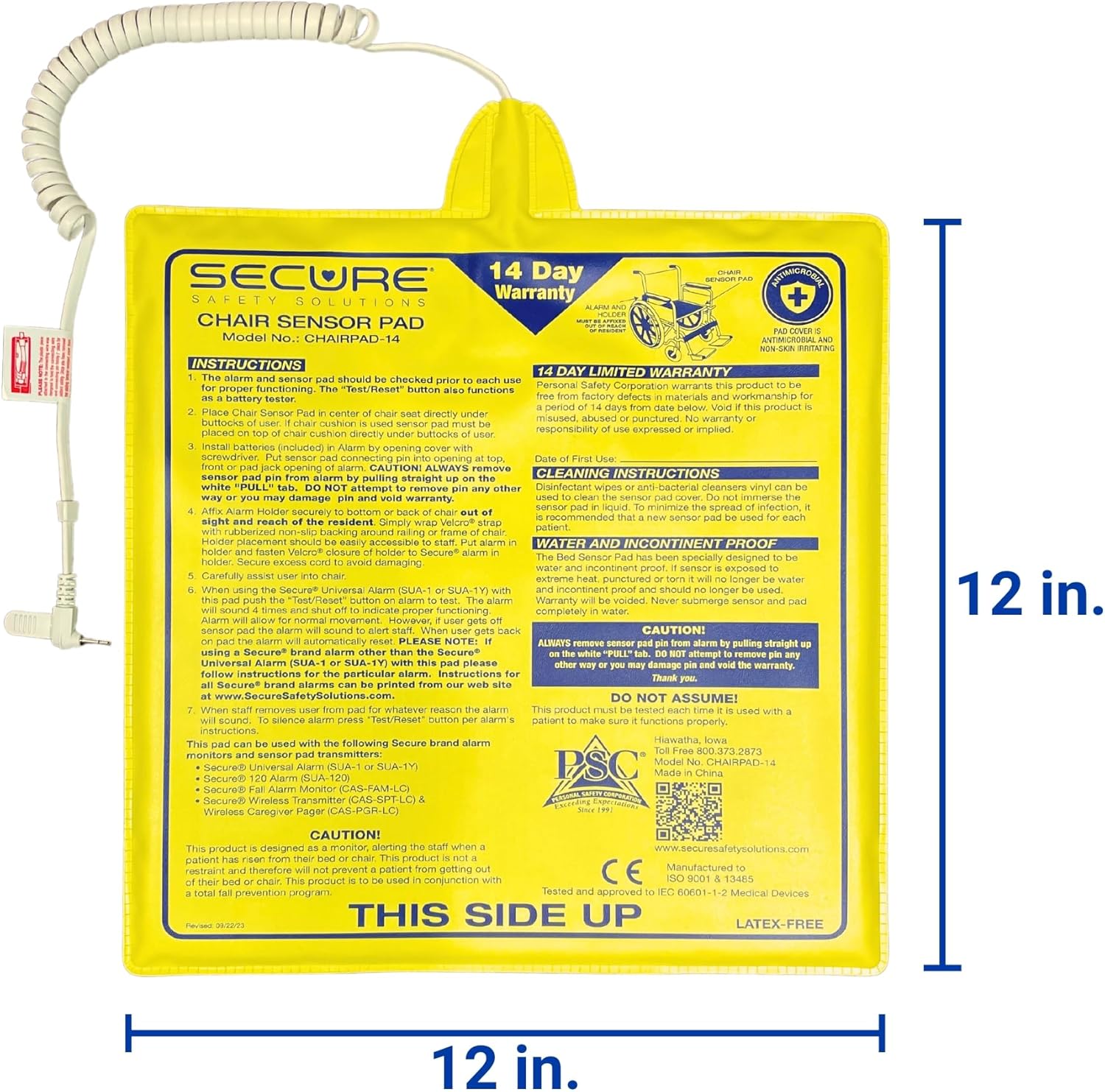 Secure Safety Solutions Chair Alarm for Elderly Dementia Patients Fall Prevention - 12" x 12" Pressure Sensor Pad, 80-120 dB Monitor - Wheelchair Safety Caregiver Alert System for Monitoring Seniors