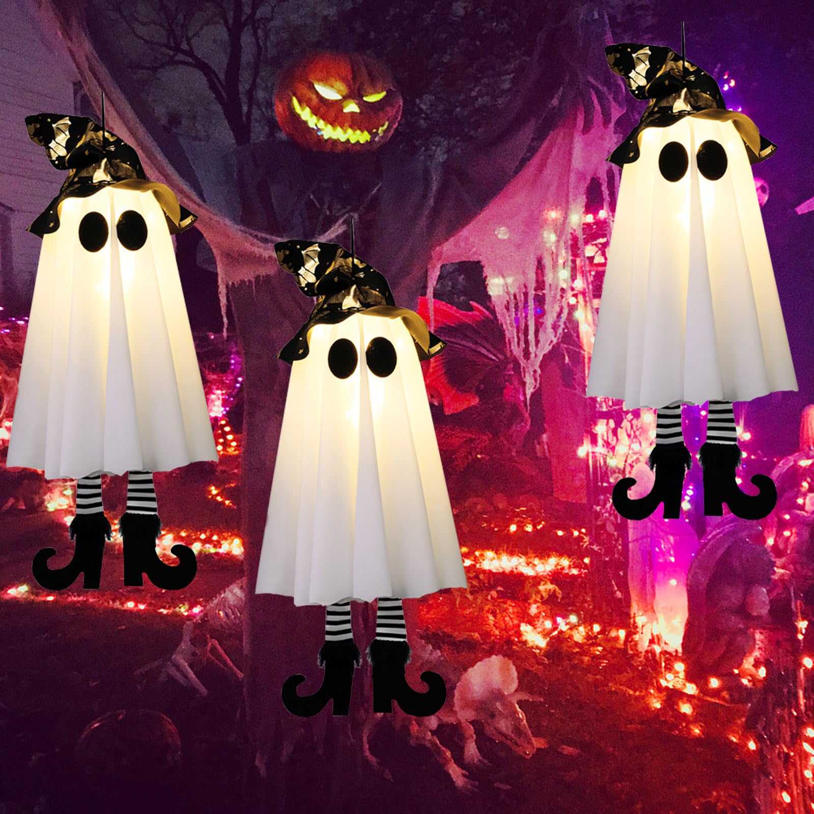 Halloween Deko, 3 Stück Hängend Geister mit Hexenhut, Leuchtend Geister Lichter, Halloween Deko Outdoor für Zuhause Baum Garten Hof, Festliche Atmosphären Horror Motto Party Requisiten
