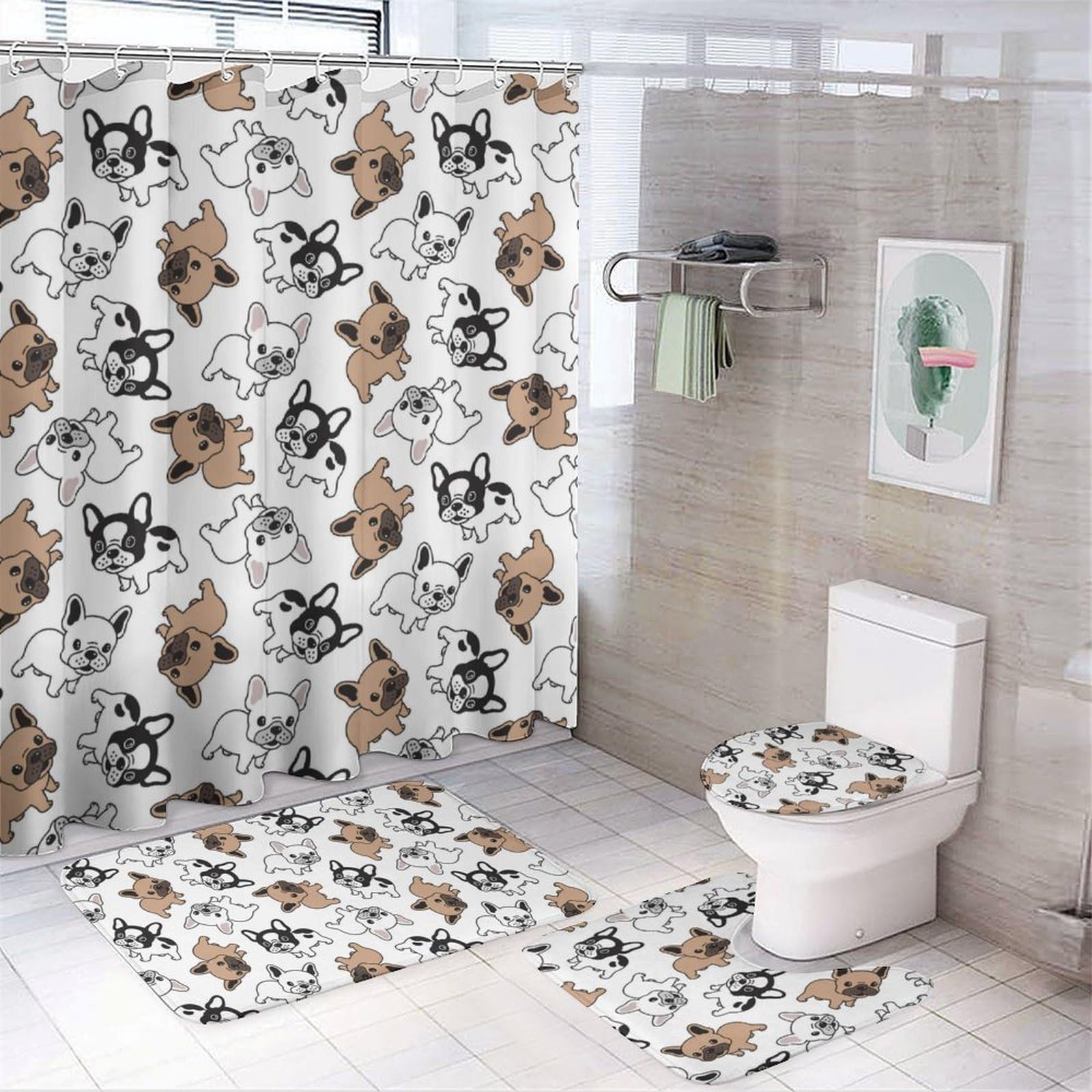 Wlntrophic Bathroom Mat Set 4 Piece, Cute French Bulldog Shower Curtain with Non-Slip Bath Mats for Bathroom