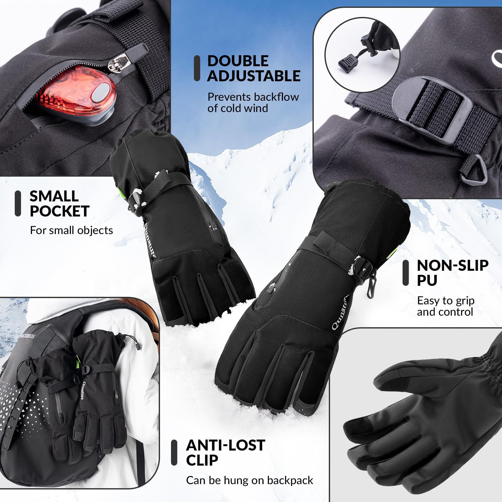 Qunature Guantes de Esquí Térmico Guantes de Ciclismo A Prueba de Viento Dedos Completos con Pantalla Táctil para Actividades al Aire Libre Esquí Patinaje MTB Bicicleta Carretera Mujeres Hombres