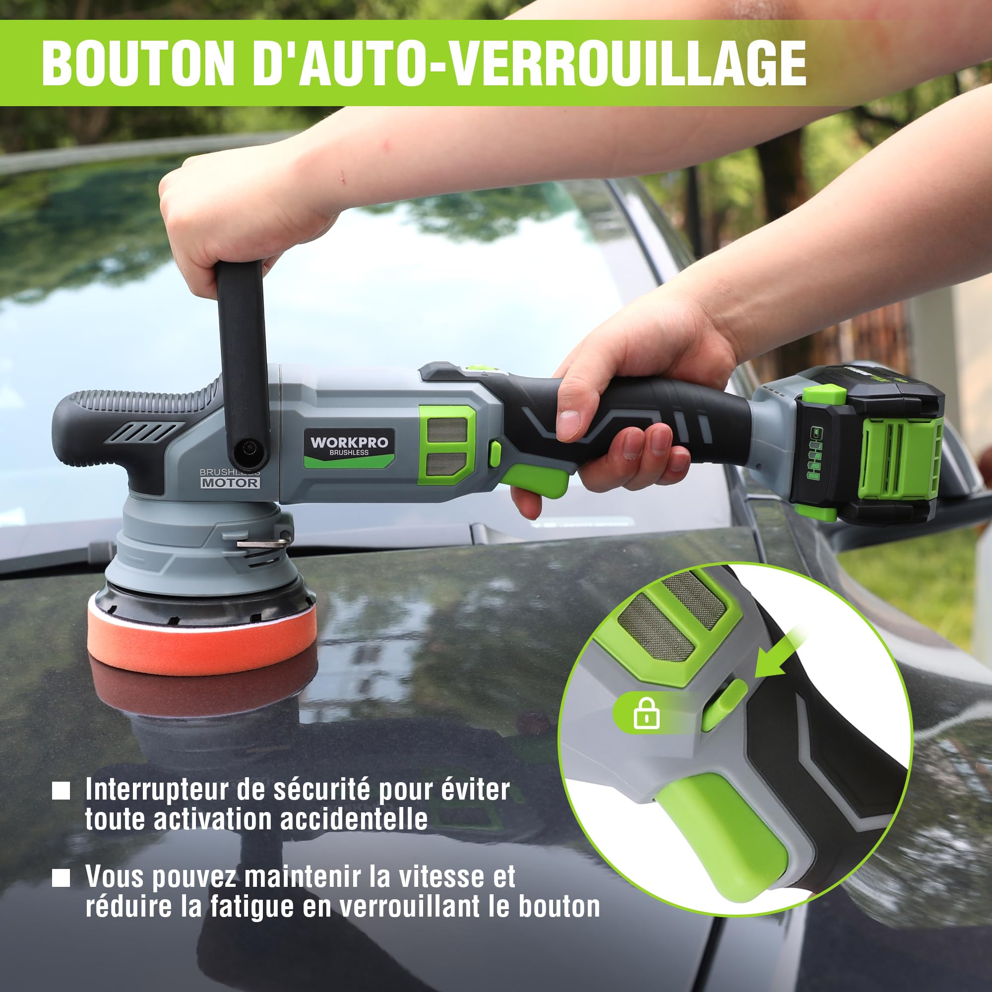 WORKPRO Polisseuse de Voiture sans Fil 20V, Polisseuse Orbitale sans Balais à Double Action, 7 Vitesses (2000-5000 tr/min), Poignée en D Réglable, avec Sac, pour Voitures, Sols, Carreaux, Meubles