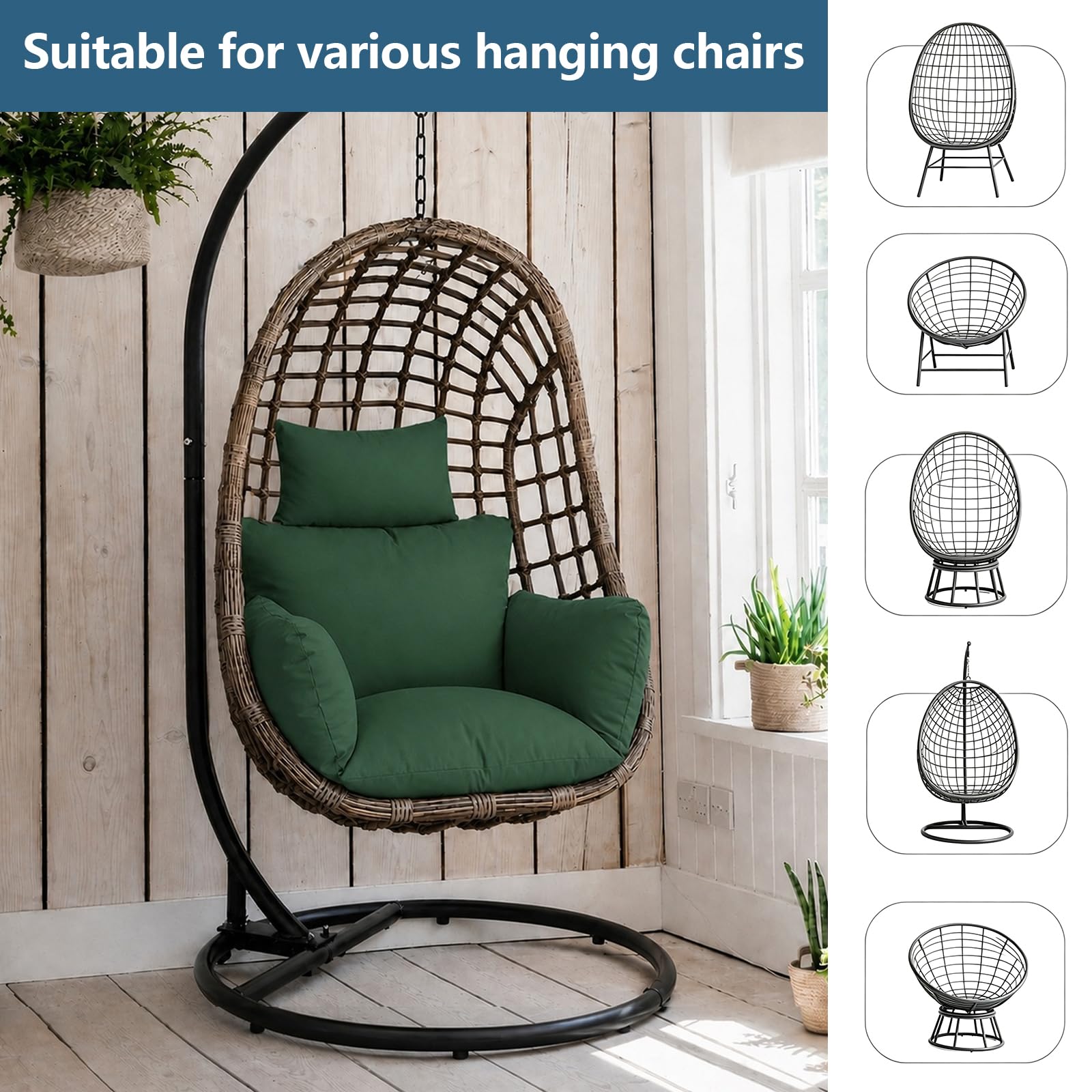 Coussin pour fauteuil suspendu, coussins et coussins pour balancelle suspendue en rotin synthétique/rotin, panier suspendu, panier à balançoire, disponible (vert foncé)