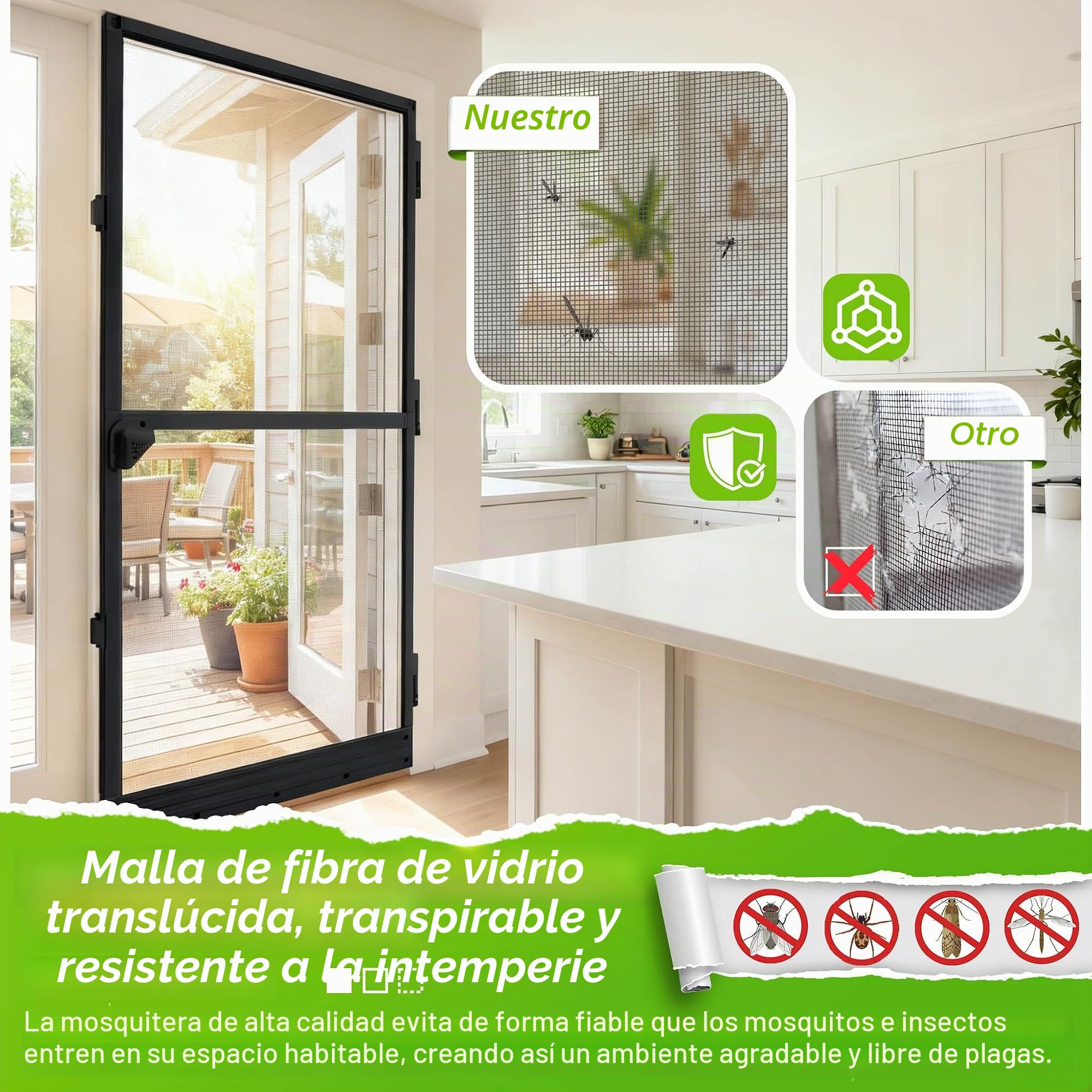 UISEBRT Mosquitera para puerta con marco de aluminio, tejido de fibra de vidrio, 95 x 210 cm, color negro