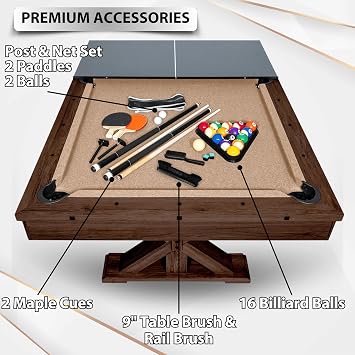 Freetime Fun 7 FT 3 in 1 Multi Game Pool Table with Dining Top Pool Table Ping Pong Table Combo, Includes Accessories and Tennis Paddles.