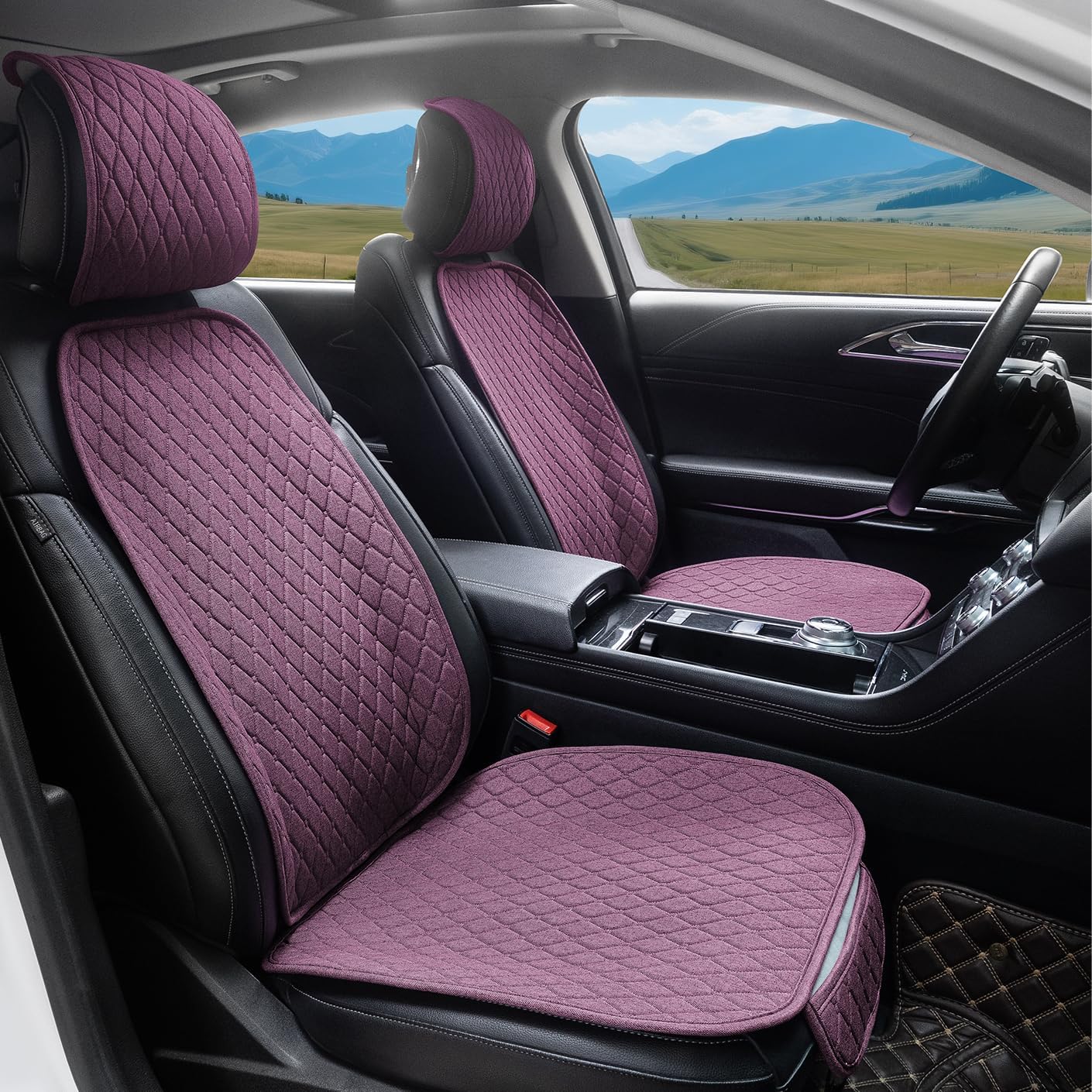 2 Pack Linen Front Car Seat Covers Universal Car Seat Pad Protectors Vehicle Cover Automotive Seat Protectors for Cars Trucks SUV (2Pack Purple)