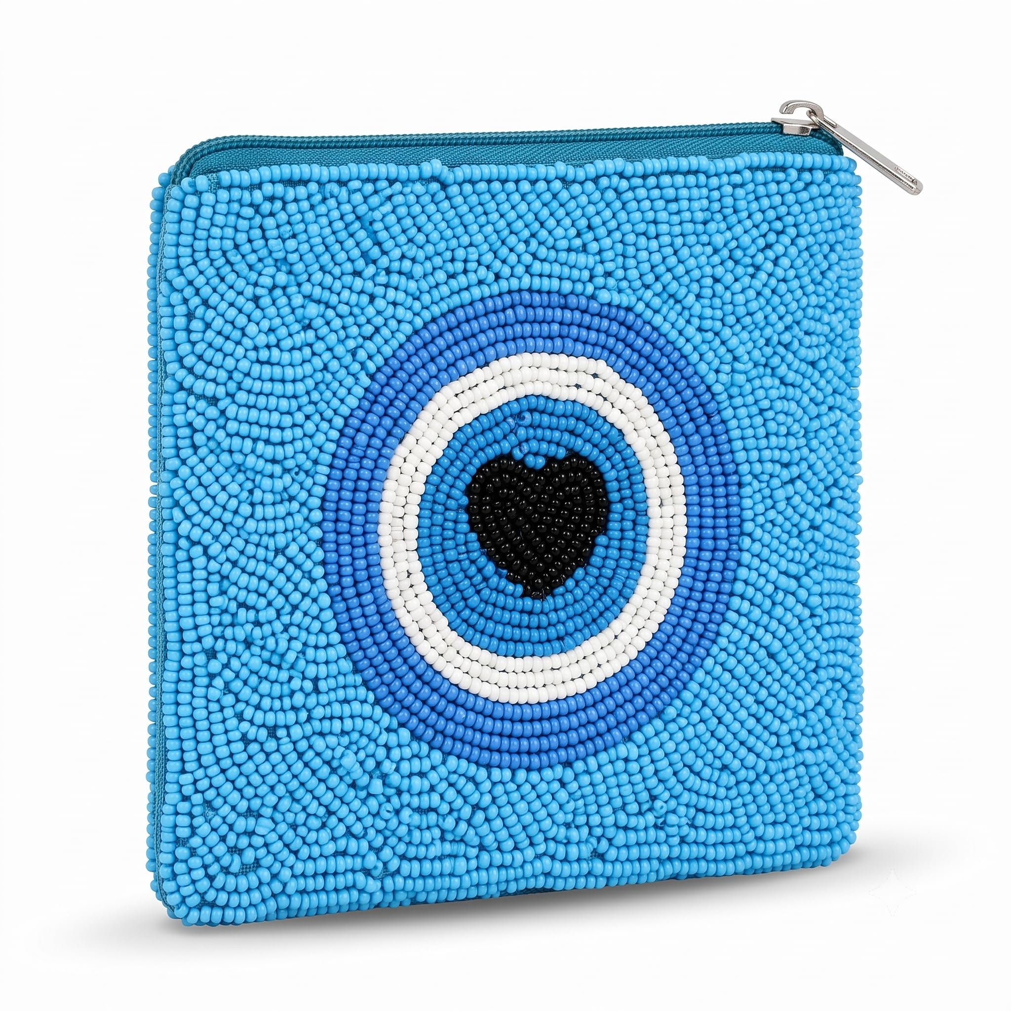 blue beaded coin purse for women | evil eye zipper pouch with heart design | small makeup bag | mini wallet | cute key holder | travel accessory case