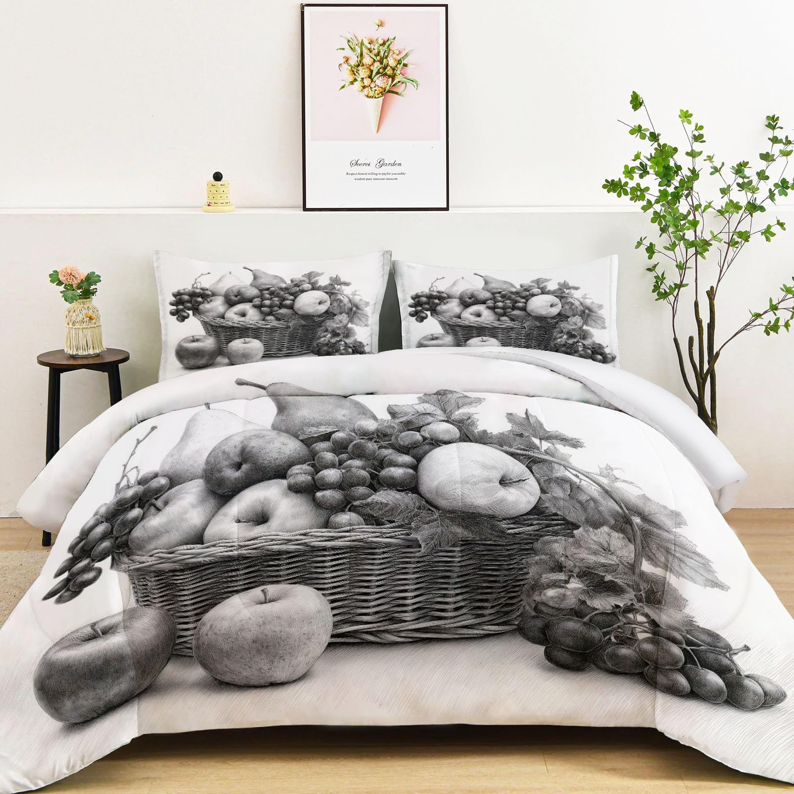 Kołdra 200 x 200 cm, kosz na owoce, liście winogron, całoroczna, minimalistyczna, dwustronna, zestaw kołder z 2 poszewkami na poduszki, nadaje się do prania, do sypialni, sypialni