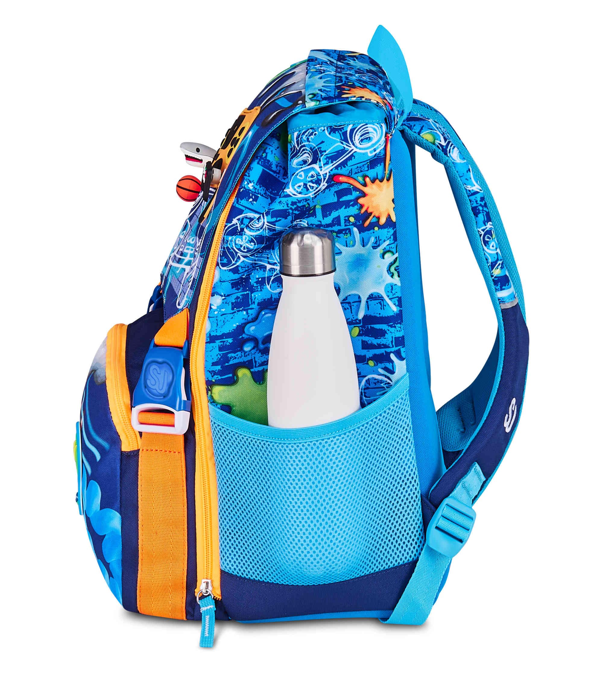 SJ GANG STYLE JAM GANG Zaino Scuola Estensibile JOYFUL PINS BOY, Blu, 24L, Zip Laterali, Inserto controller in gomma e pins amovibili, Tasca frontale, Tasca portaborraccia, Scuola elementare, Bambino