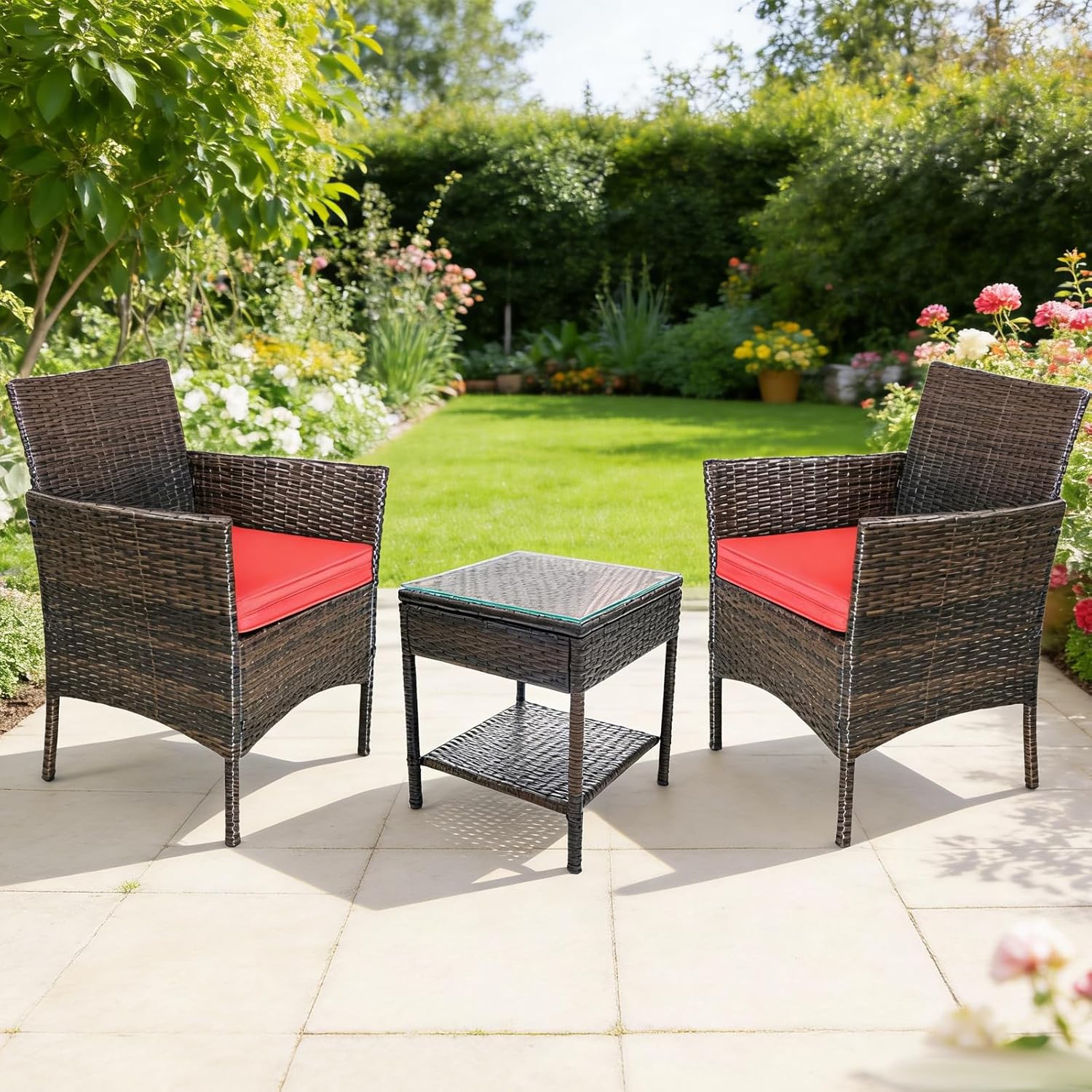 3 Piece Patio Furniture Set Outdoor PE Rattan Wicker Chair with Soft Cushion and Glass Coffee Table for Garden Backyard Porch Poolside (Brown/Red)