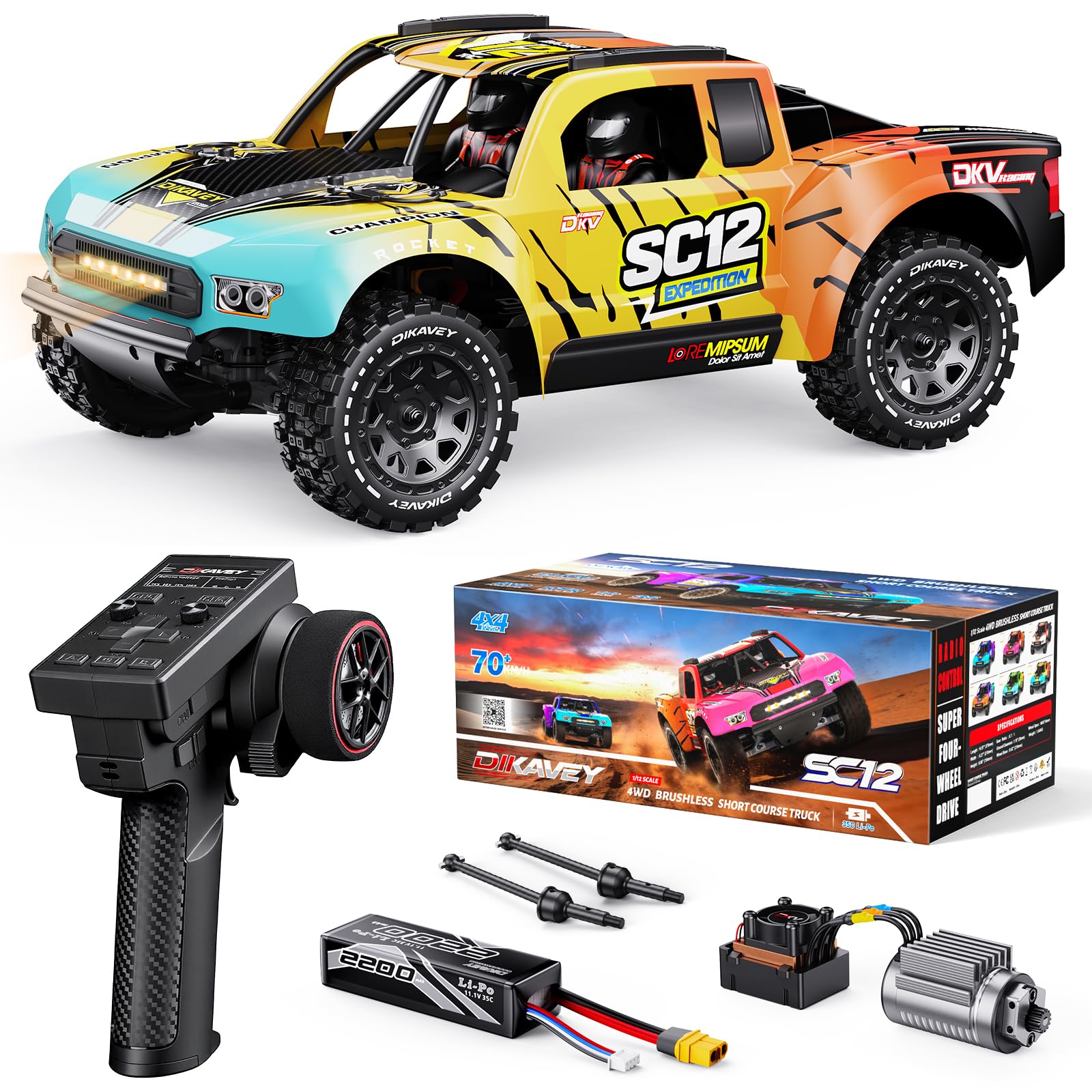 DIKAVEY Brushless 1/12 RTR Remote Control Car, 70+ KM/H Off-Road Truck RC