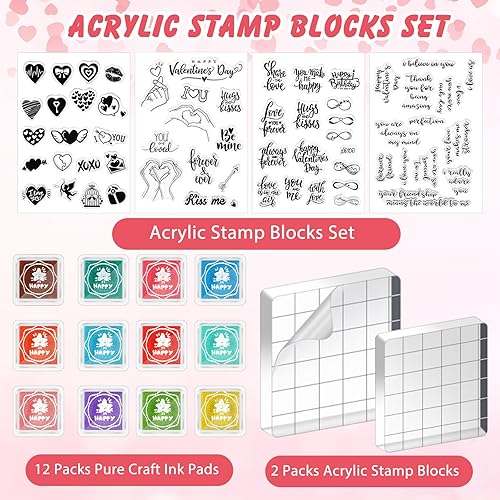 Miniatura 4 de 18 Pcs Valentine's Day Clear Stamp Blocks Set Include 2 Sizes Clear Stamping Blocks 4 Valentine's Day Silicone Clear Stamps 12 Craft Ink Pad Stamp