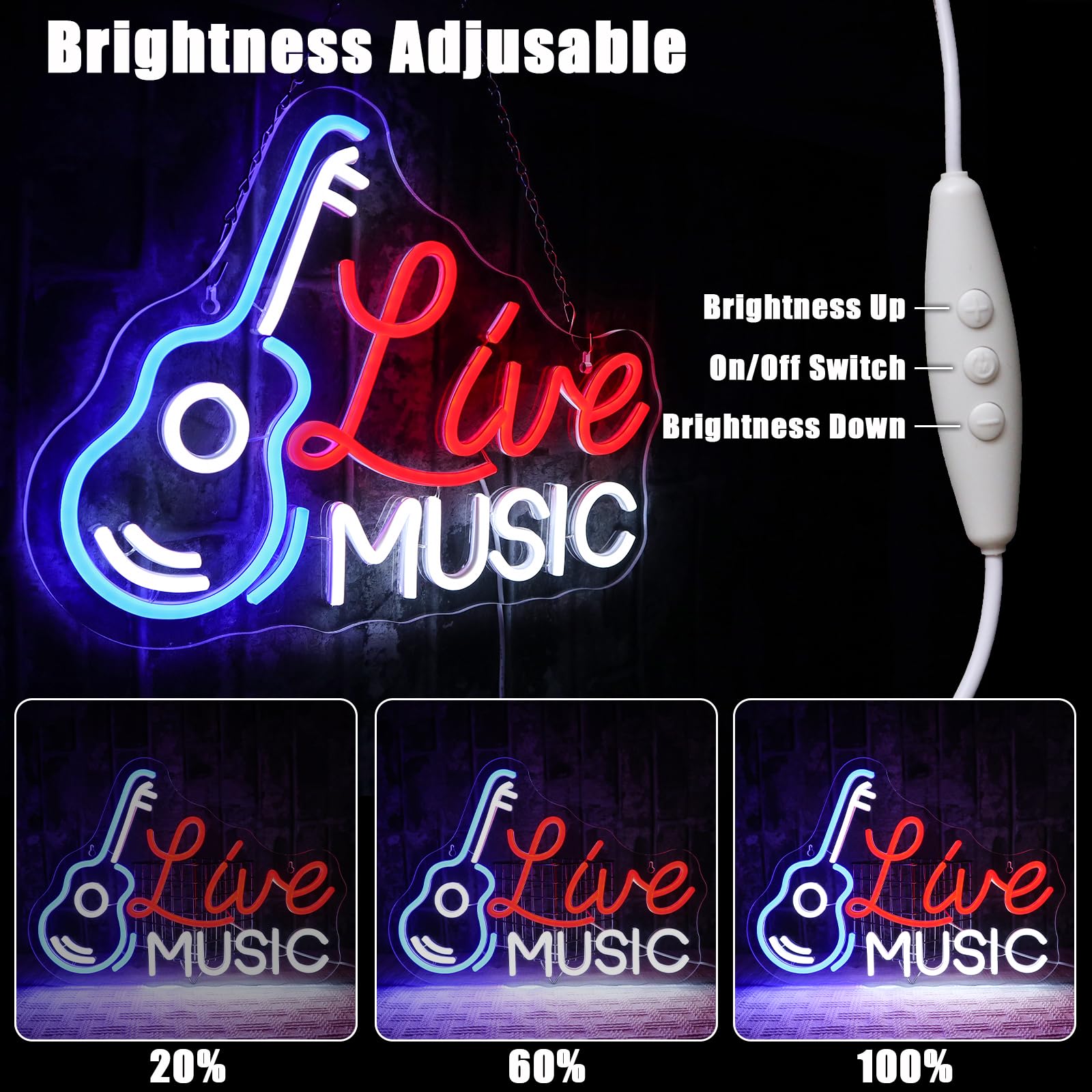 Live Music Música Neon Cartel Led Neón Pared Guitarra Sign USB Bar Rock Estudio Oficina Garaje Dormitorio