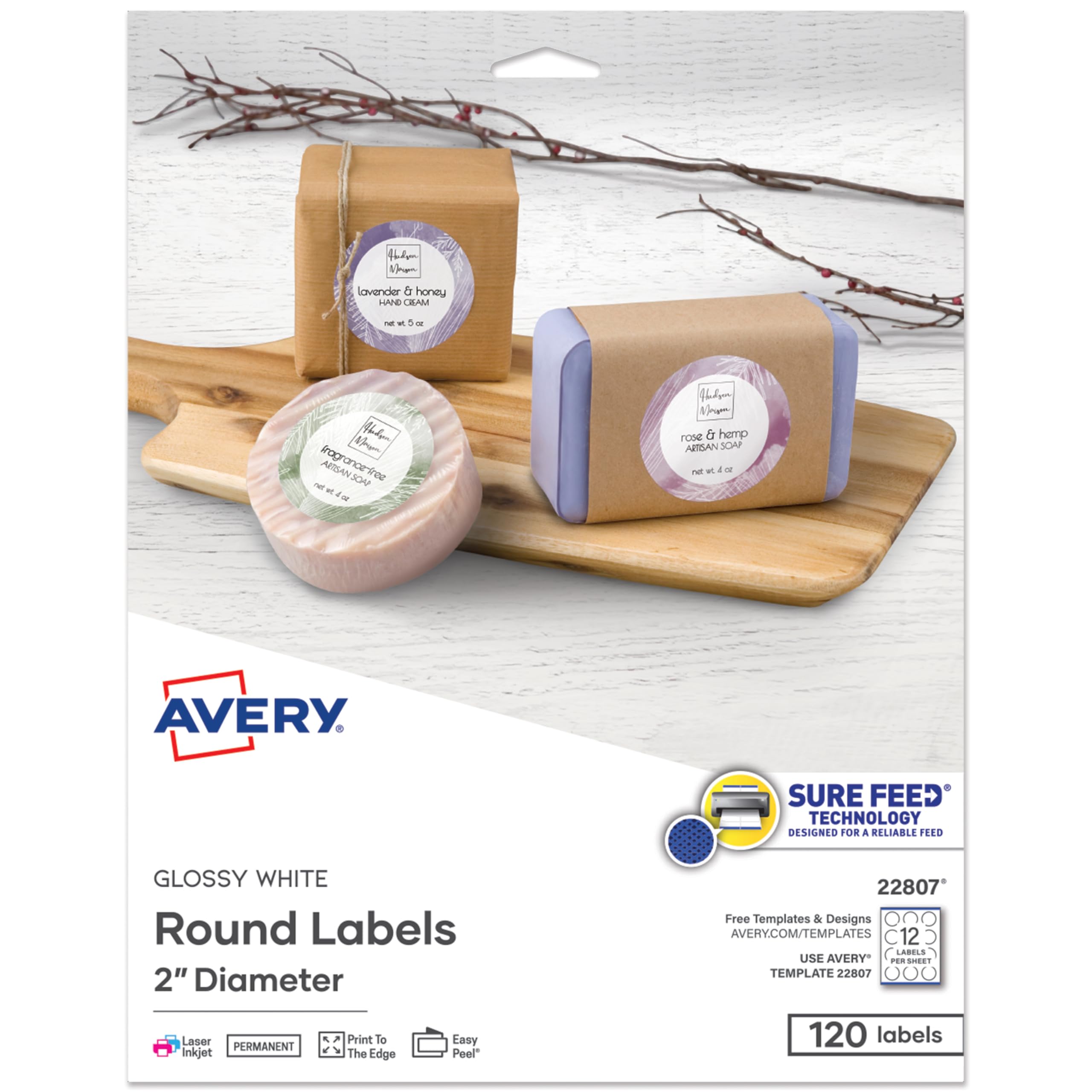 Avery Easy Peel Permanent Print-to-The-Edge Round Labels, Laser/Inkjet, 2-Inch, Glossy White, Pack of 120 (22807)