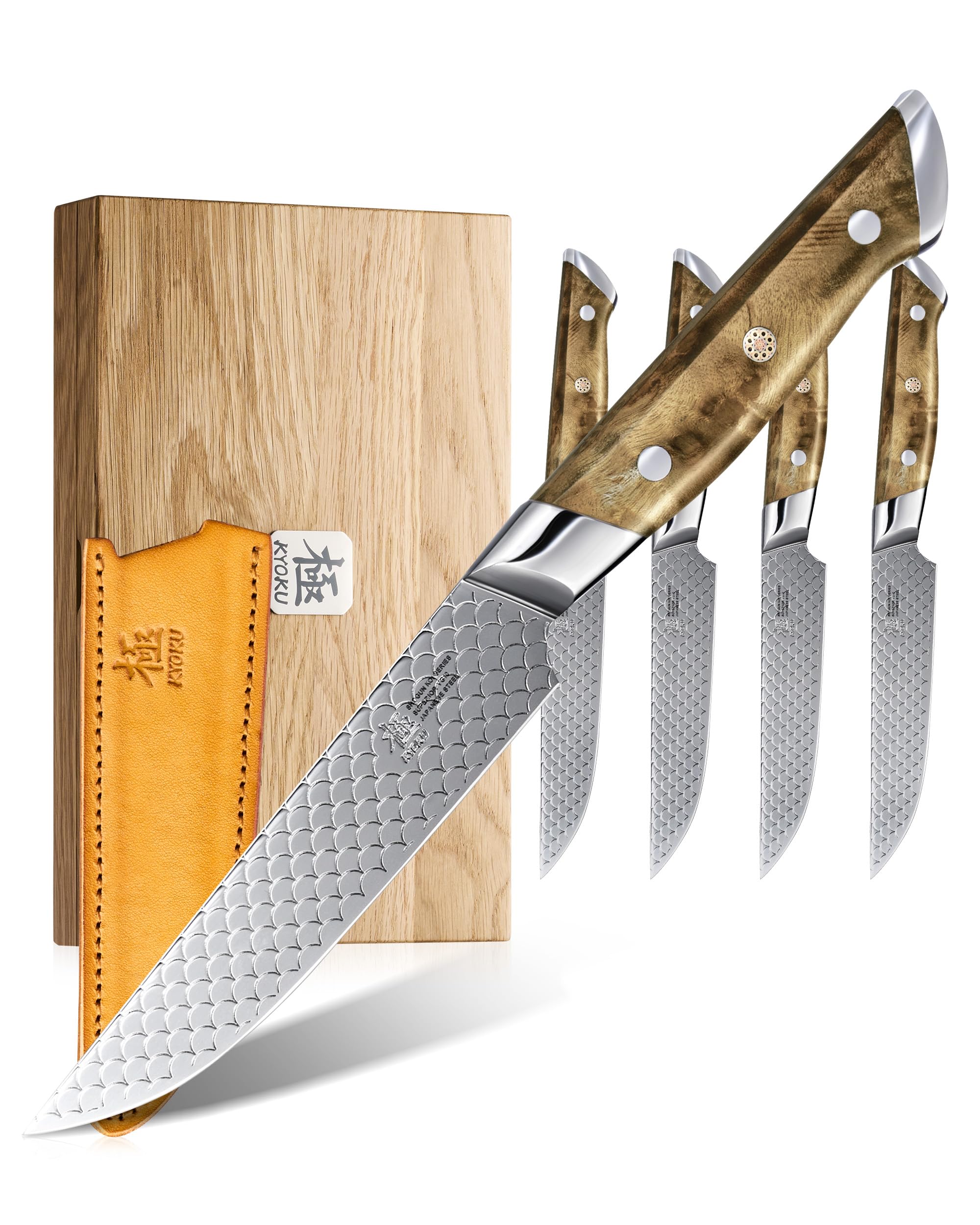 KYOKU 4.8" Steak Knife Set of 4 with Non-Stick Koi Scale Pattern, Japanese Style VG10 Stainless Steel Steak Knives with Sheath Gift Box, Shogun Koi Series Full Tang Knives with Camphorwood Handles
