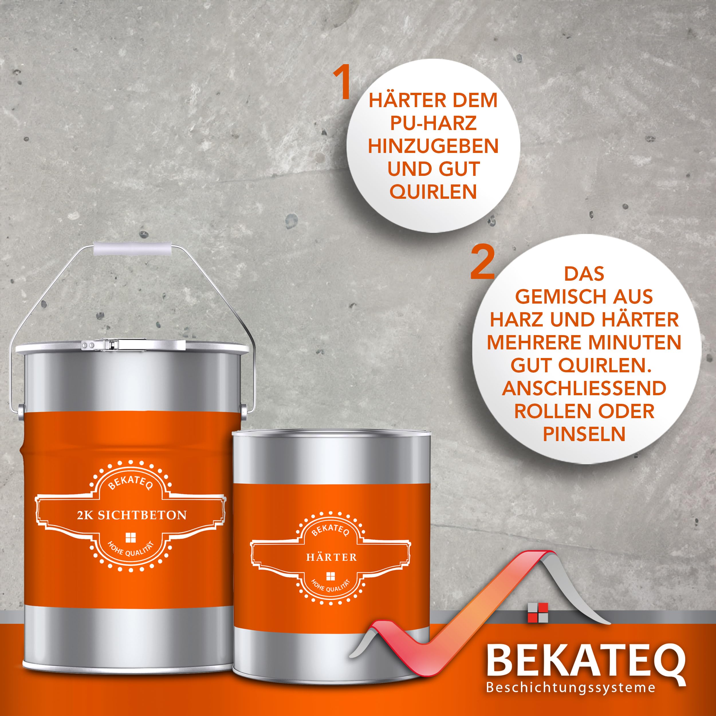 Sichtbeton Versiegelung farblos seidenmatt 1kg - 2K PU Betonversiegelung Bodenversiegelung UV-fest, Wetterfest, Wasserfest - für Beton, GFK, Mikrozement, Fliesen, Kreativspachtel - BEKATEQ BK-1000EP