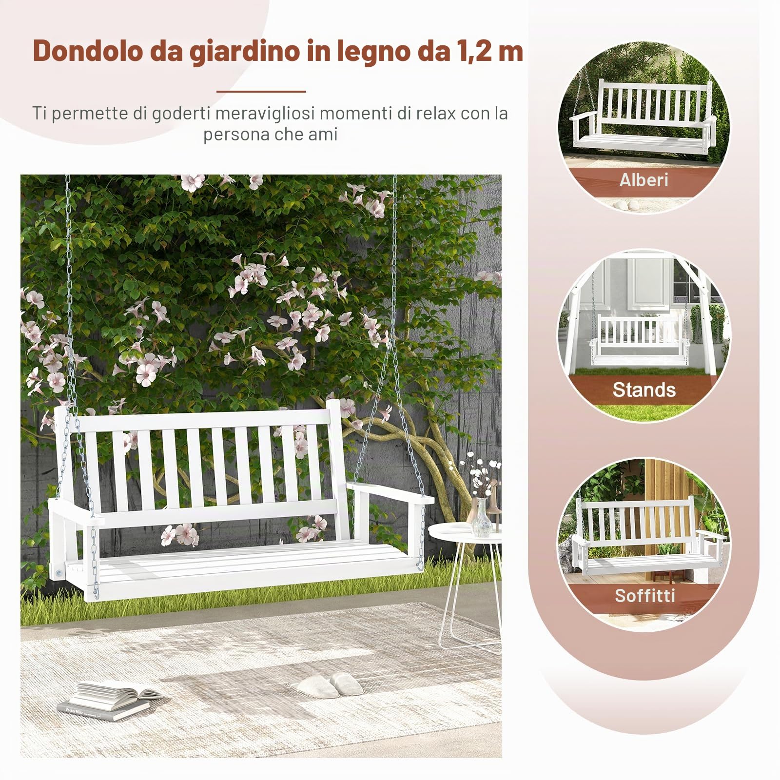 GIANTEX Altalena sospesa in legno per 2/3 persone con catene in metallo zincato regolabili e resistenti, con schienale a doghe e seduta per patio giardino (136 x 67 x 63 cm, bianco)