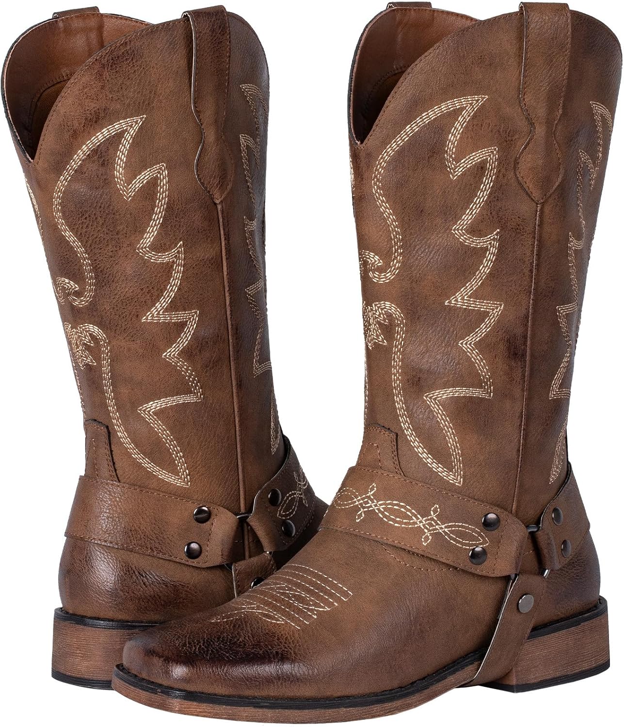 SheSole Ladies Fashion Strap Cowboy Boots for Women Square Toe Mid Calf Western Cowgirl Boots