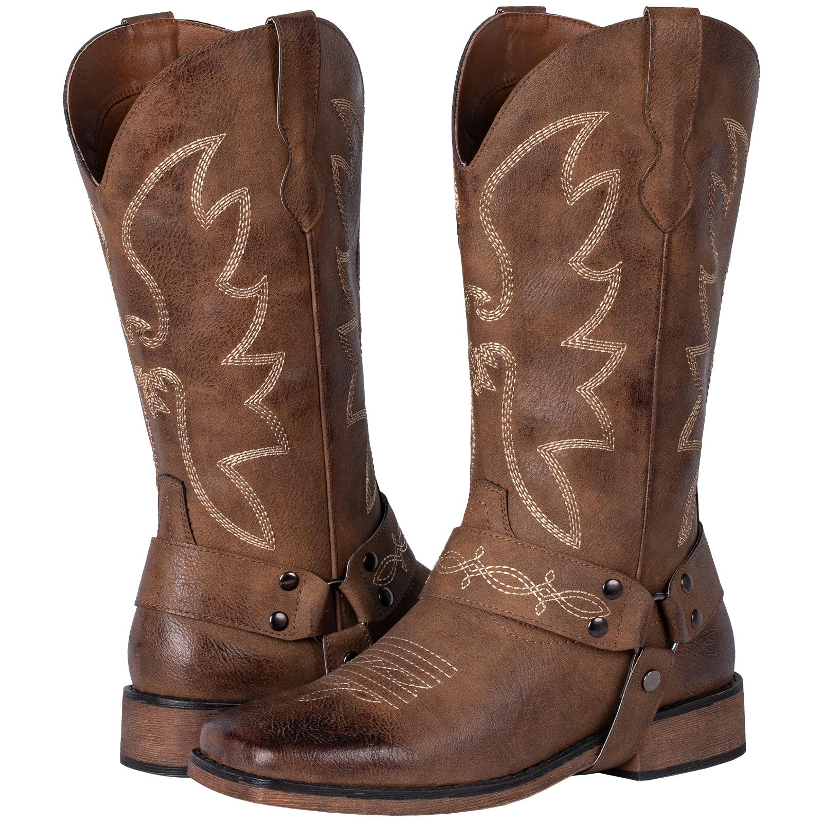 SheSole Ladies Fashion Strap Cowboy Boots for Women Square Toe Mid Calf Western Cowgirl Boots