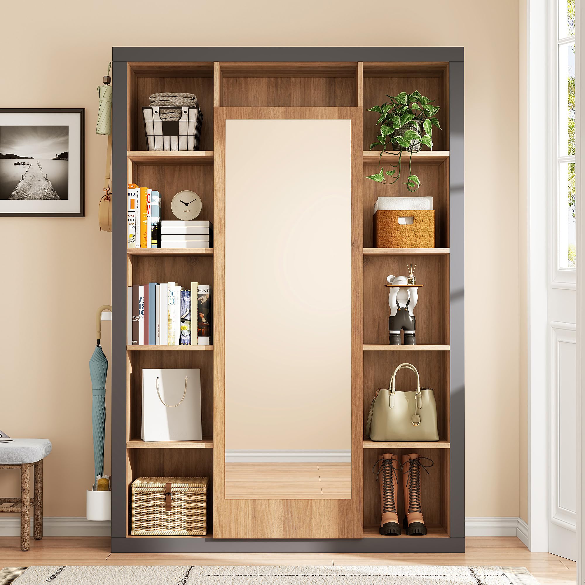 Juego de perchero con espejo, perchero multifunción con 11 compartimentos abiertos, juego de percheros con 3 ganchos, ideal para pasillo, entrada y dormitorio