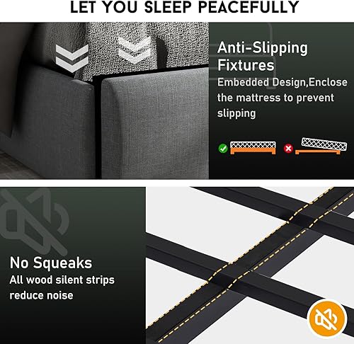 Miniatura 6 de Base de cama Queen con cabecera y 2 cajones de almacenamiento, base de cama de plataforma tamaño Queen tapizada con luces LED y estación de carga,