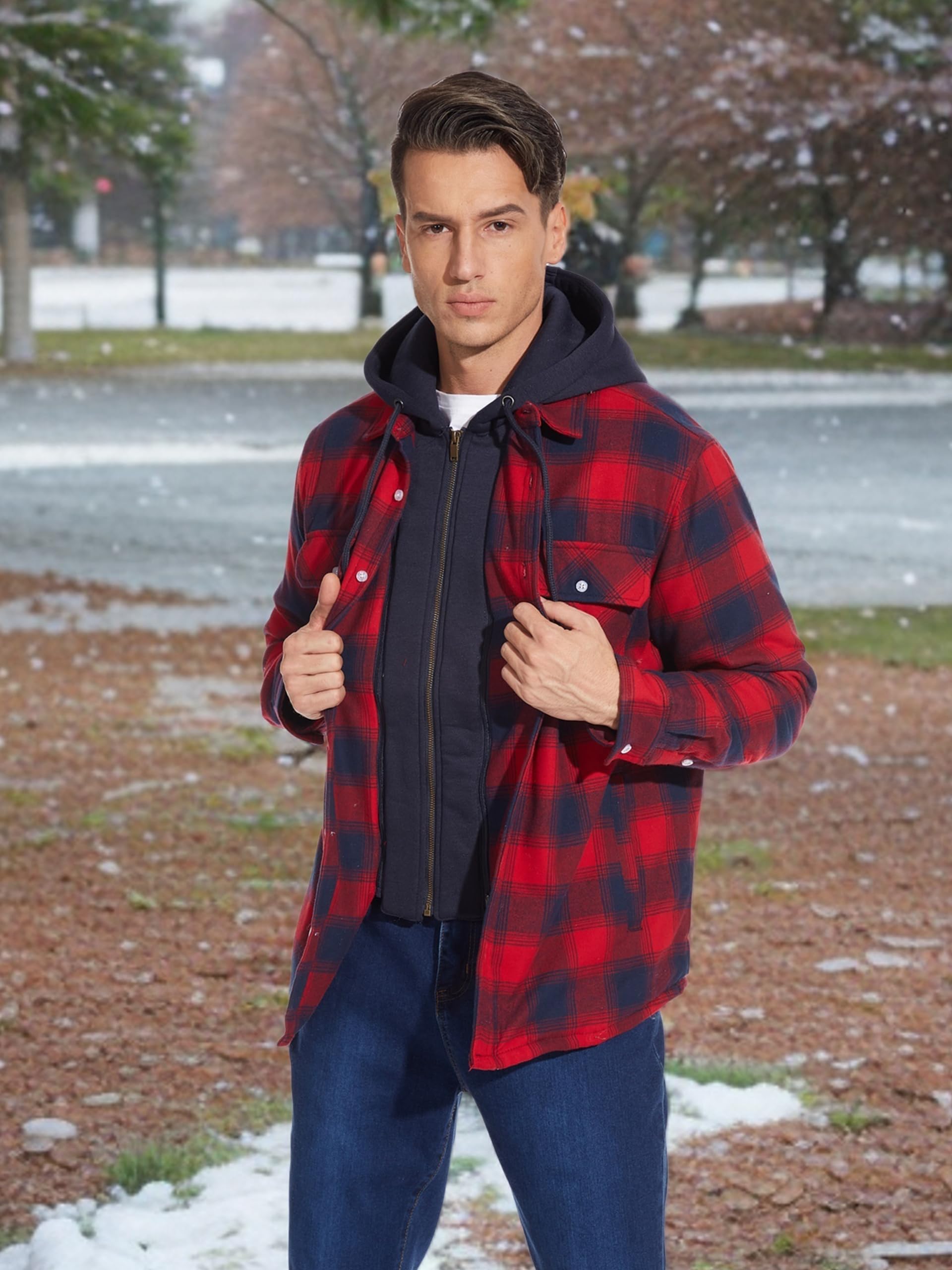 TACVASEN Giacca Camicia da Uomo Jacket Casual con Cappuccio Staccabile