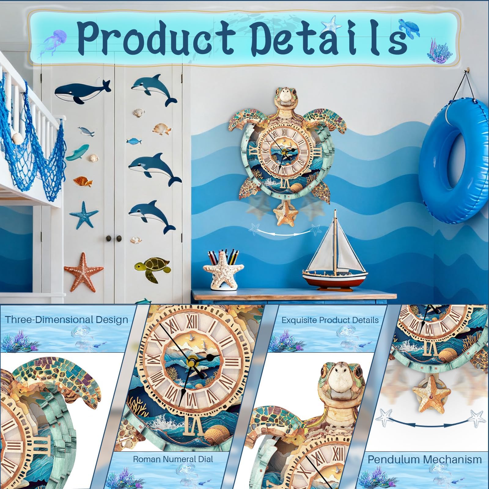 Puzzles 3D pour adultes - Horloge tortue de Noël à faire soi-même, mécanisme avec pendule en bois - Décoration murale de bureau, chambre à coucher, cadeau personnalisé pour les amateurs de bricolage
