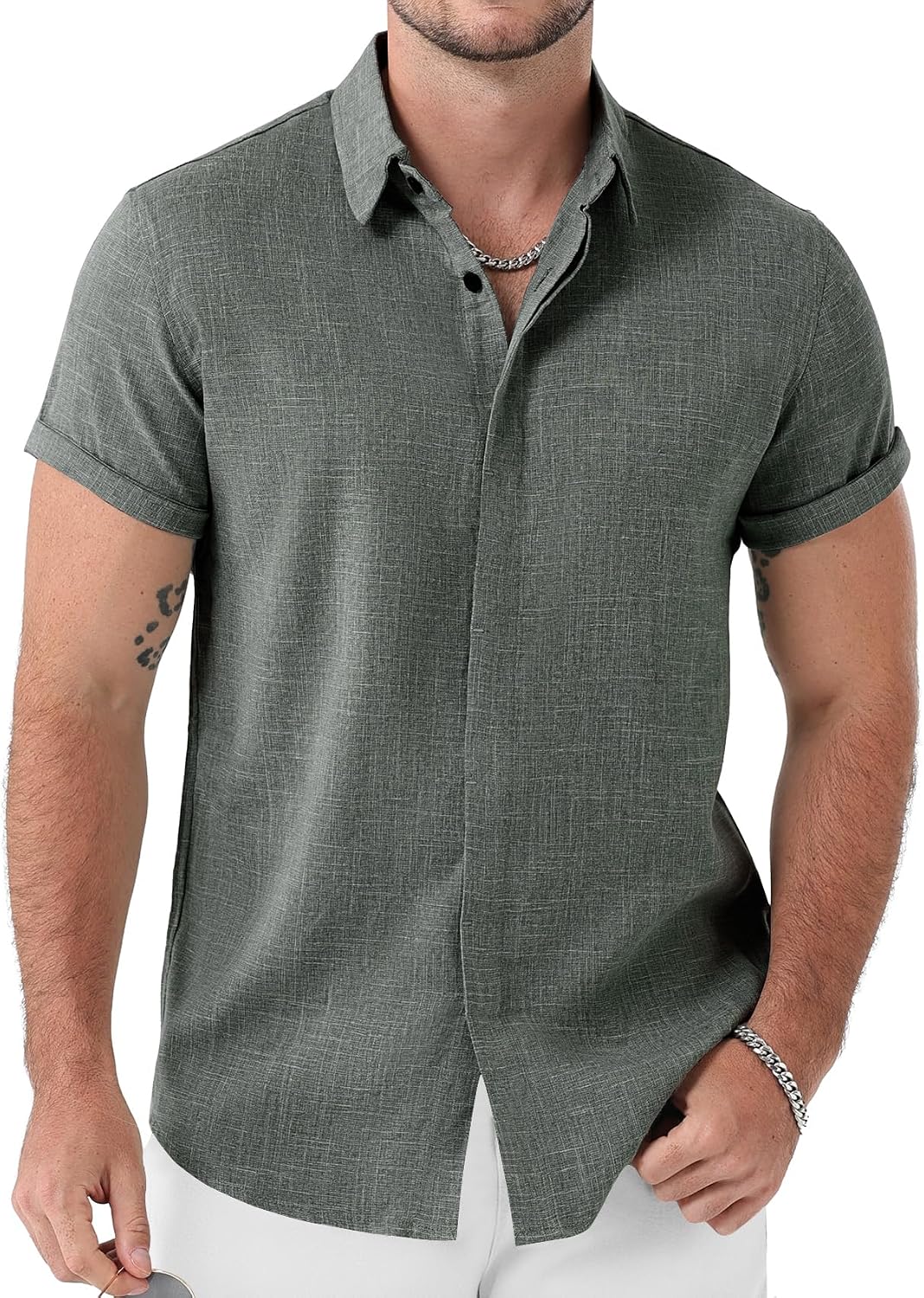 JEMITOP Men's Stretch Linen-Like Short Sleeve Button Down Shirts Summer Casual Beach Vacation Wedding Texture Shirt