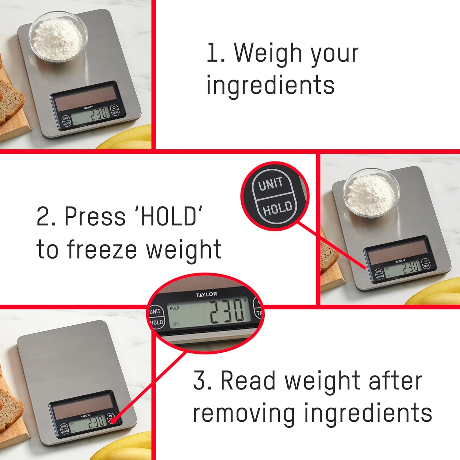 Taylor Light Powered Digital Kitchen Scale, Light Energy Scale with Stainless Steel Platform, Light Powered Panel with Endless Power, No Batteries Needed, Energy-Saving, High 11lb Capacity, Silver