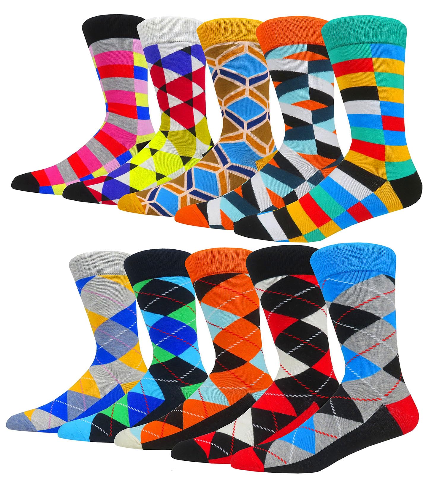 HIWEAR Mens Socks- Colorful Funky Novelty Design Rich Cotton,Men's Comfort Dress Calf Socks Multipack (Multicolor -10P-3)