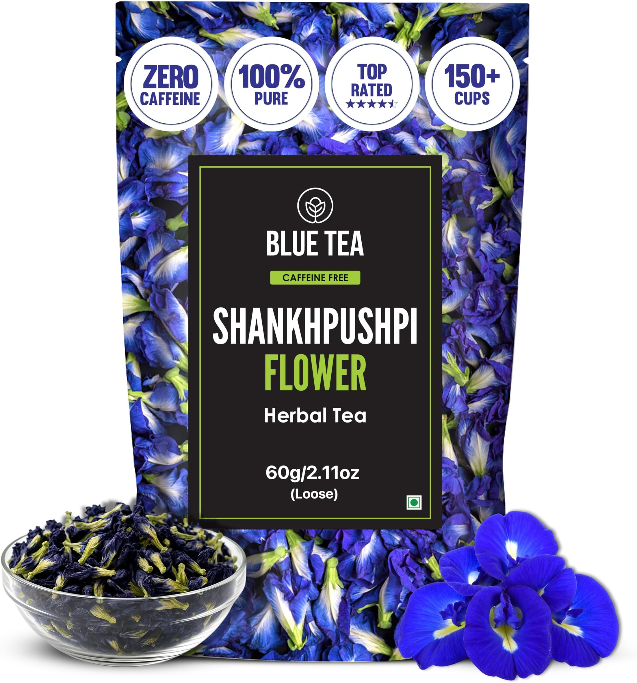 Shankhpushpi Flower Tea - 60 gm - 150+ Cups | Anti Oxidant Relief | | Herbal Tea | Caffeine Free - Vegan - Non-GMO | Zipper Pack