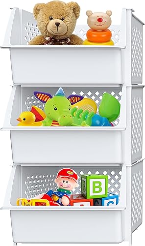 Miniatura 1 de Skywin Paquete de 3 contenedores apilables de plástico blanco para despensa, contenedores apilables para organizar alimentos, cocina y artículos