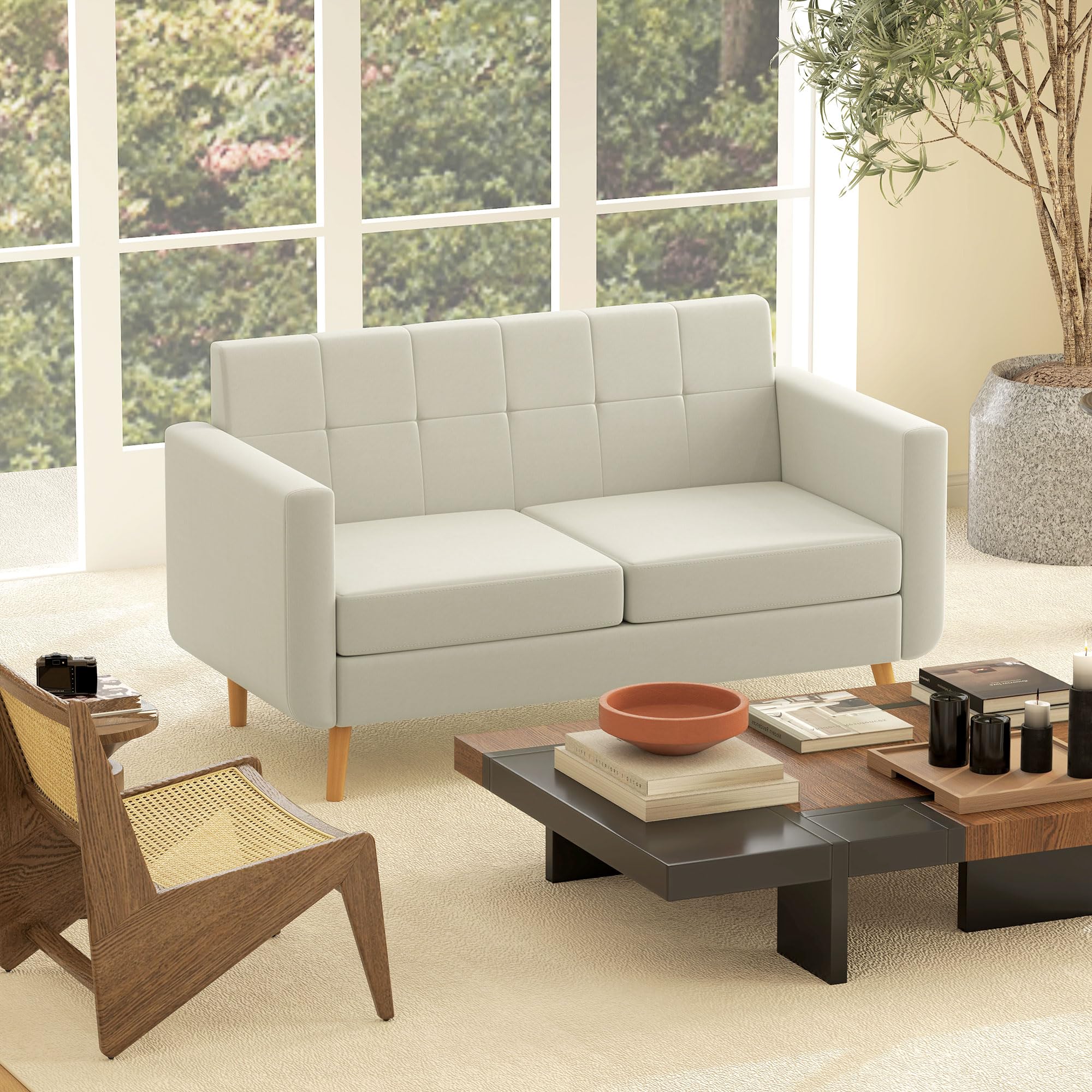 HOMCOM Sofá de 2 Plazas Sofá de Salón Moderno 138,5 cm con Reposabrazos y Patas de Madera Sofá Pequeño para Oficina Sala de Estar Crema