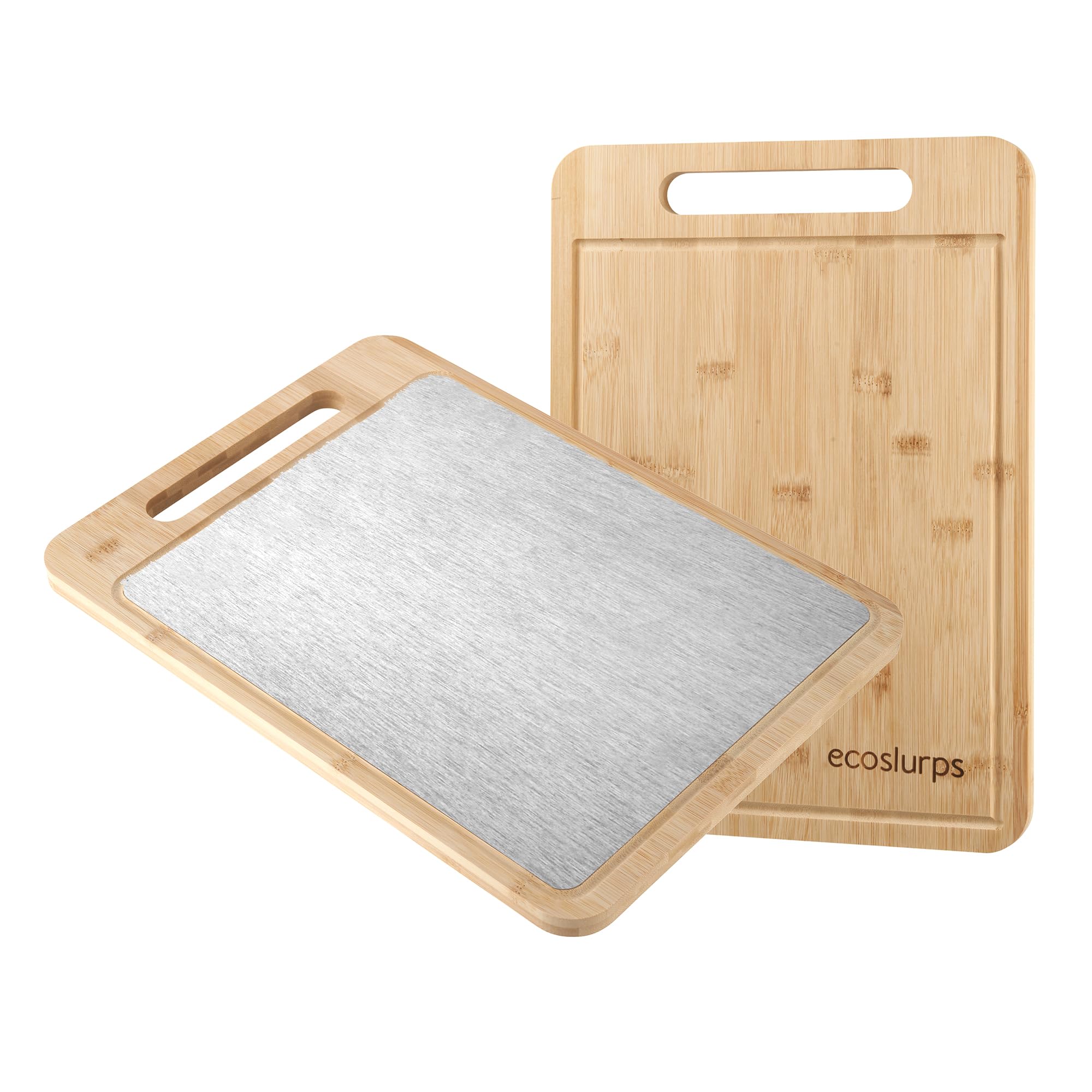 EcoSlurps Tagliere double face con superficie in acciaio inossidabile 304 e legno di bambù naturale, 36 x 25 (39 x 28)