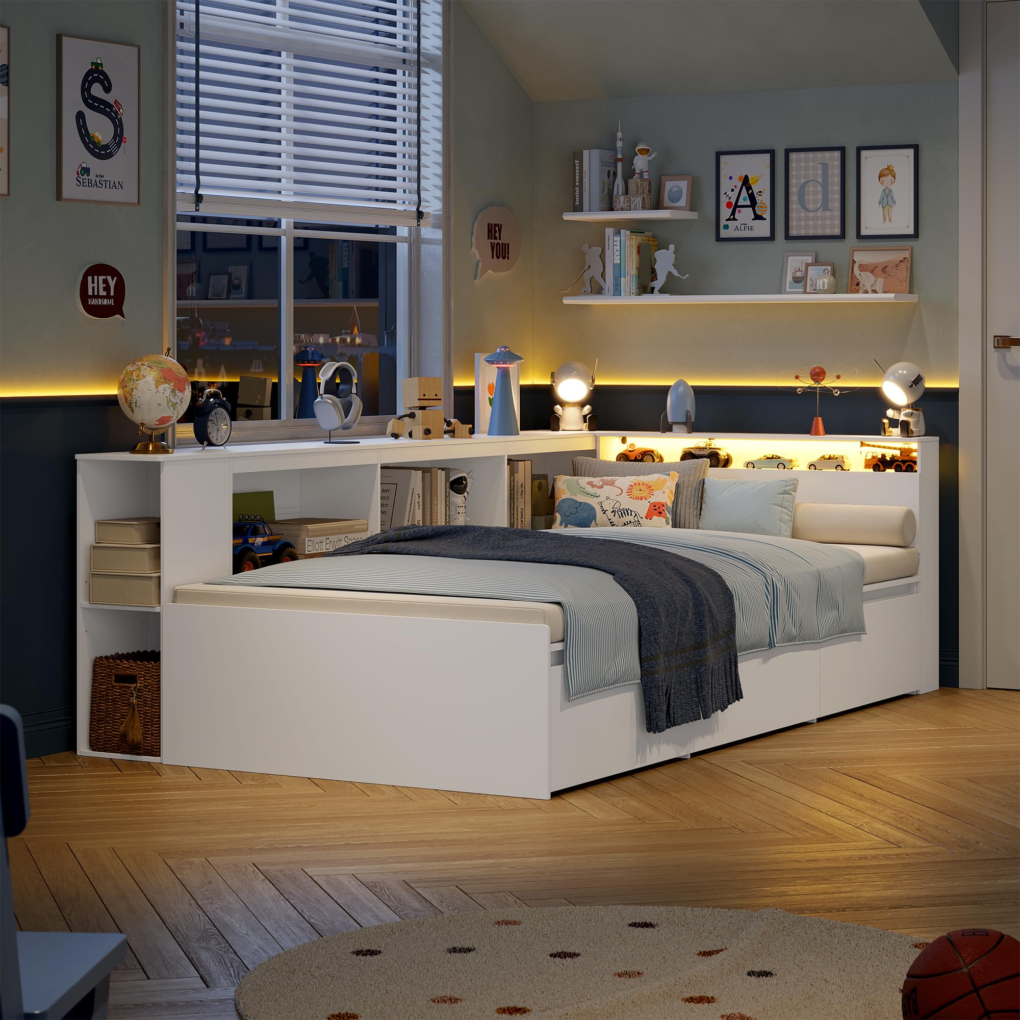 FOREHILL 90x200 cm Letto Montessori Bambini con Luci a LED, Letti Bambini con Libreria, Letto Singolo con 3 Cassetti e Scomparti Aperta, Letto da Adolescente, (Materasso non Incluso), Bianco