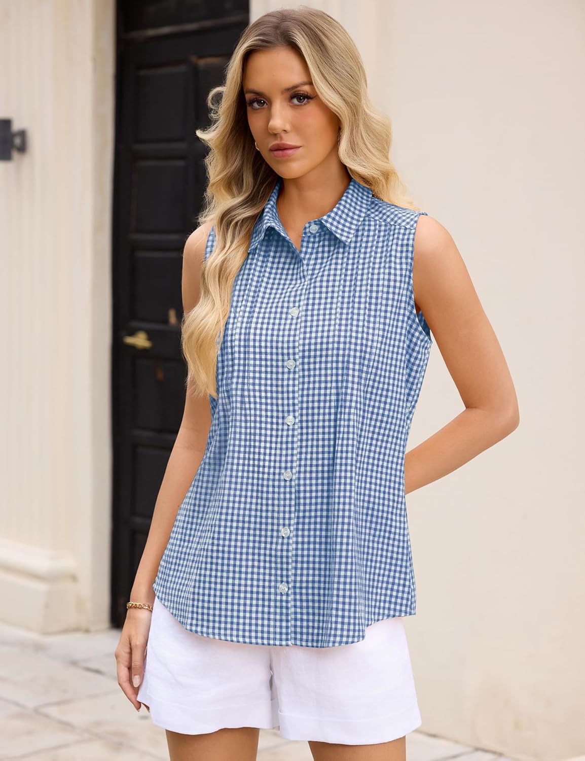 LOMON Women’s Summer Sleeveless Button Down Shirt Office Collared Blouses with Pleated Front Casual Basic Tank Tops - Image 4