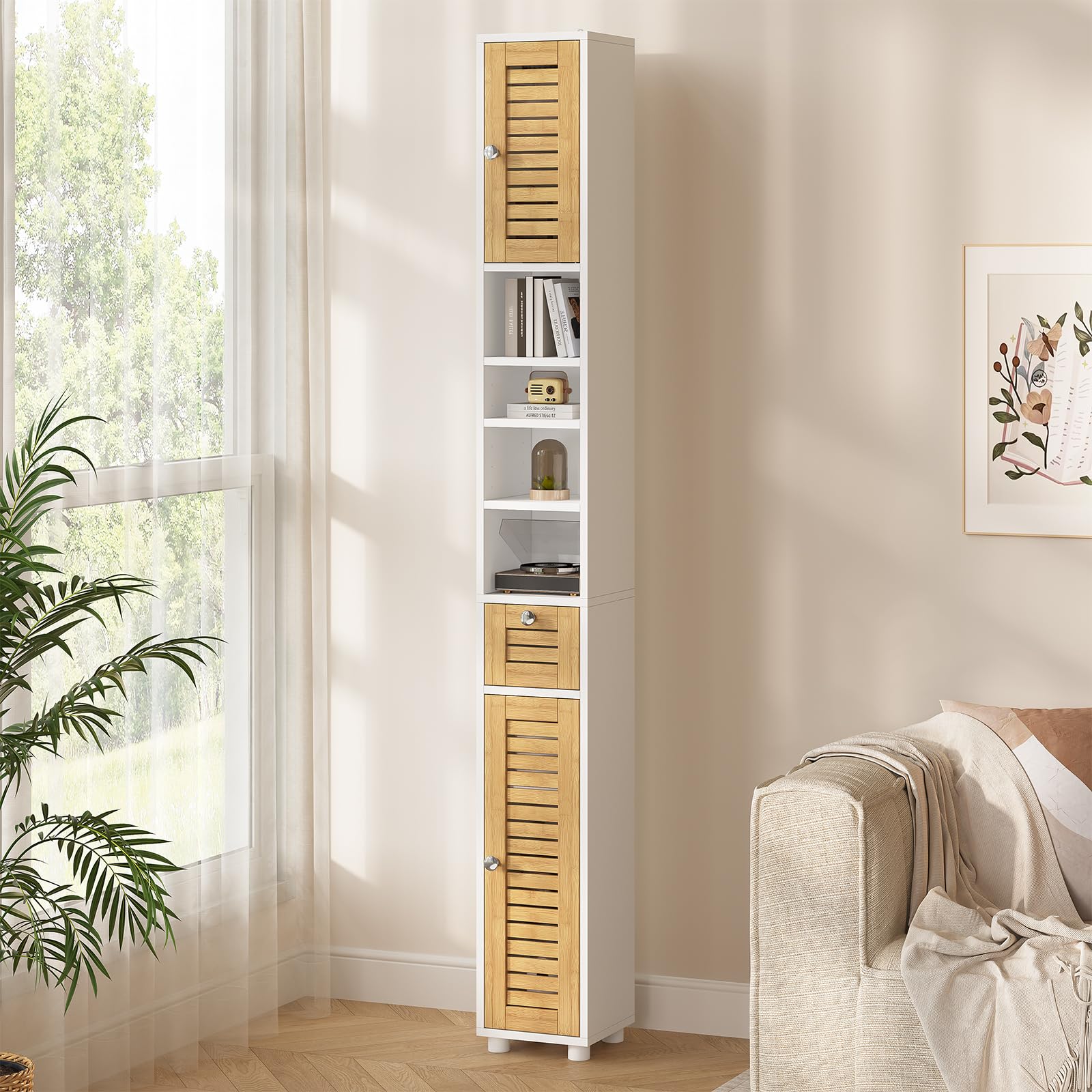 Meuble Colonne Salle de Bain, Meuble de Rangement avec 4 étagères ouvertes, 2 Portes en Bambou,1 Tiroir,Meuble Haut avec Étagères Réglables,Armoire de Toilette pour Salon, Cuisine,22x20x180cm
