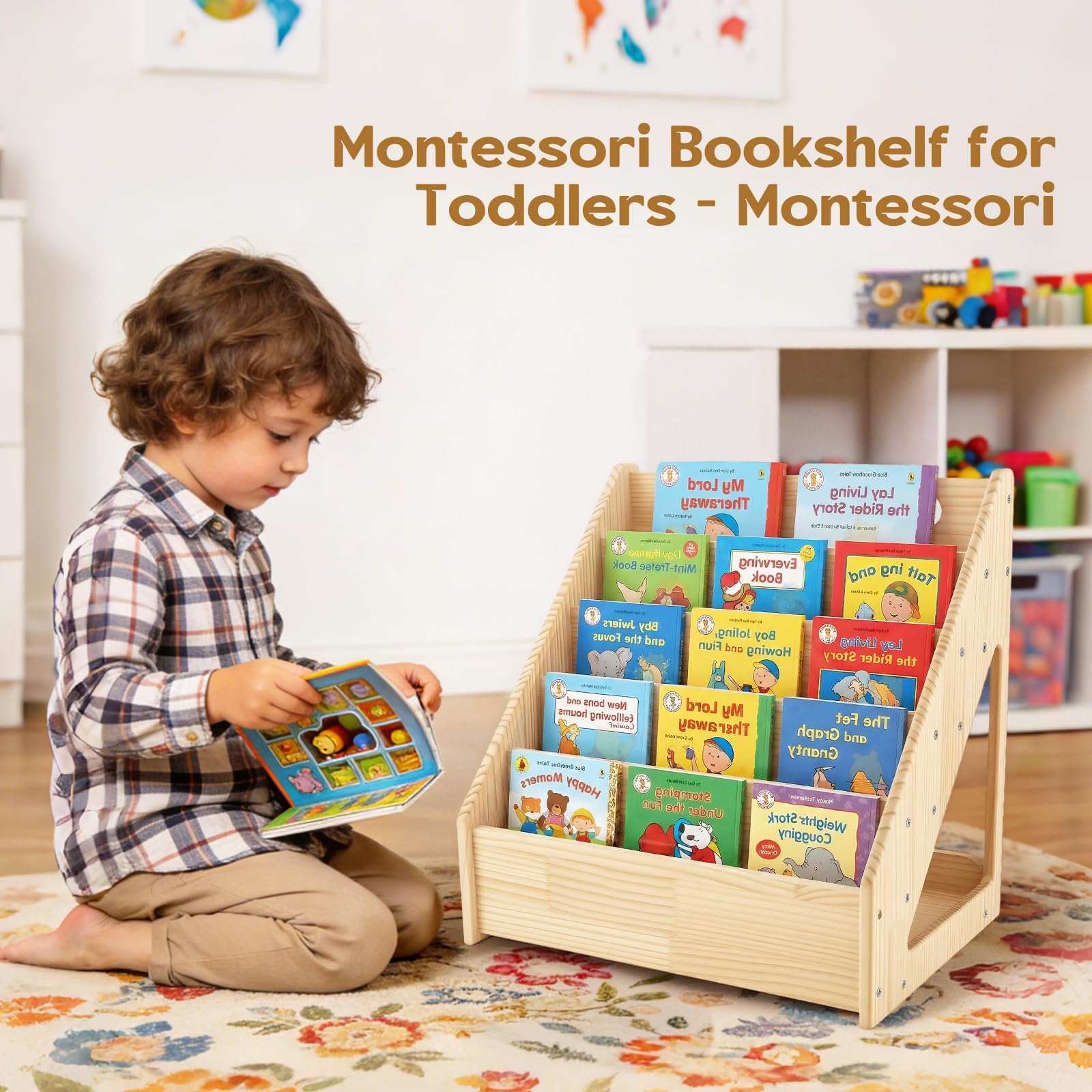 Scaffale Montessori per Bambini, Libreria a 4 Ripiani Orientata Verso l’Anteriore, Scaffale Retro Pratico Contenitore, in Legno di Pino Stabile, per Soggiorno, Bambini 41,9x30,4x41,9cm
