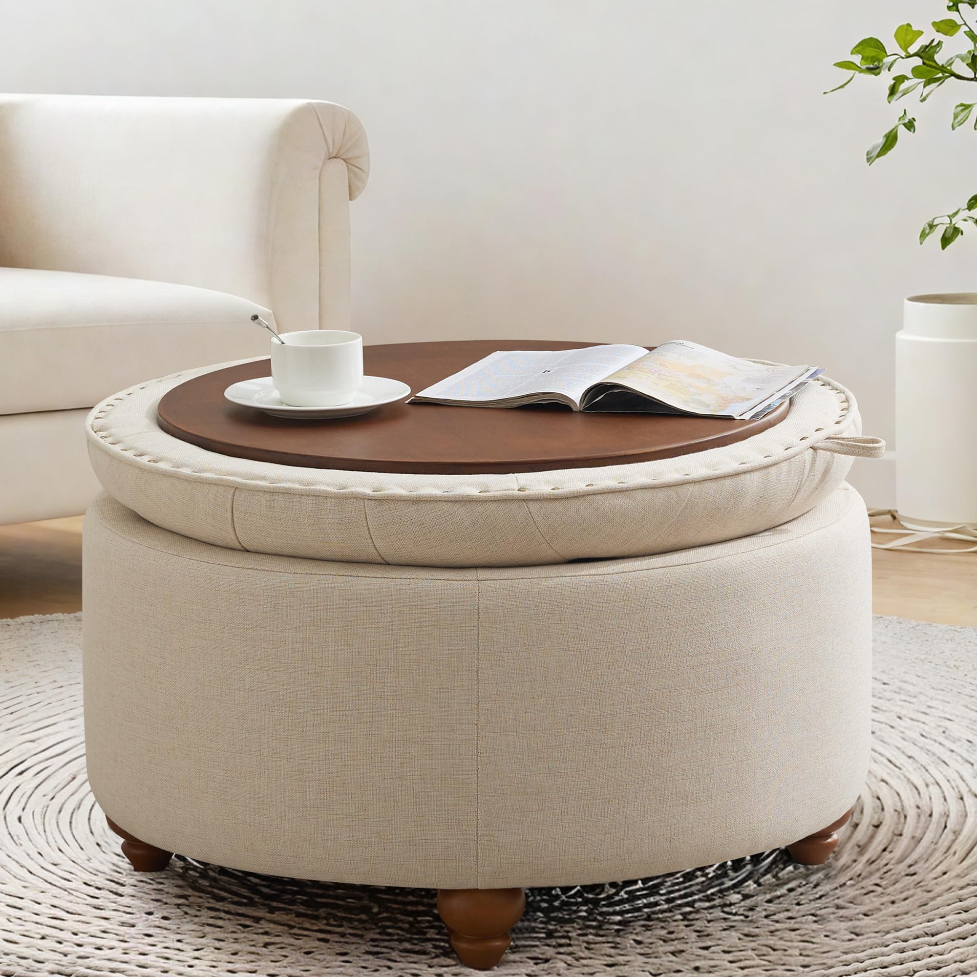 30'' round ottoman coffee table with storage, upholstered tufted ottoman with flip tray, solid wood legs for living room, bedroom, khaki