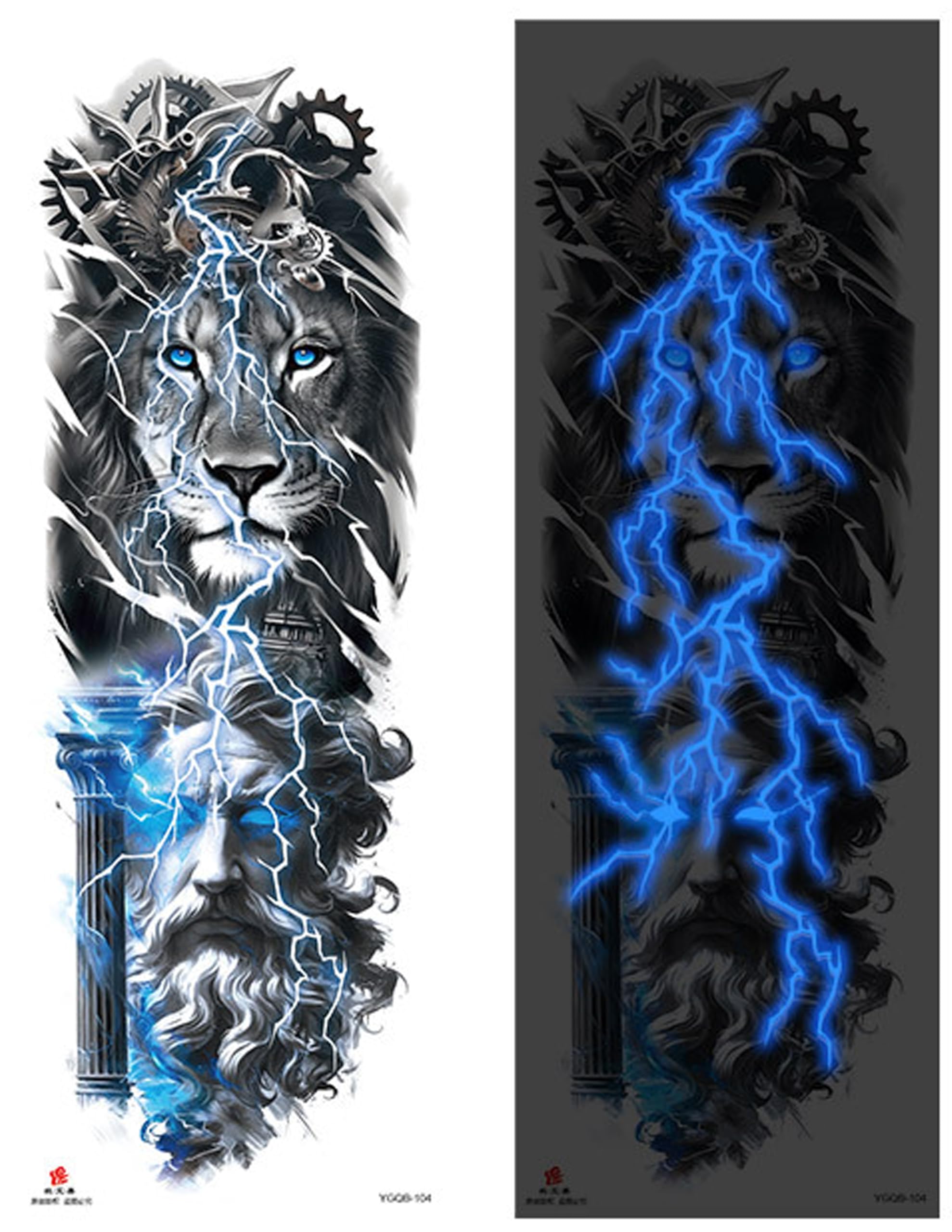 Neon Mavi Şimşekli Zeus Ve Aslan Yarı Kalıcı 45 cm Geçici Dövme Forfor Işıklı Elektrik Tam Kol Tattoo Dövmesi