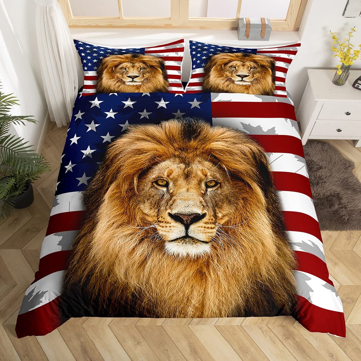 Kids Lion Bedding Set American Flag Duvet Cover for Women Men Bedroom Farmhouse Safari Wild Animal Comforter Cover Set Stars Stripe Geometric Bedspread Cover Double Size — image 1