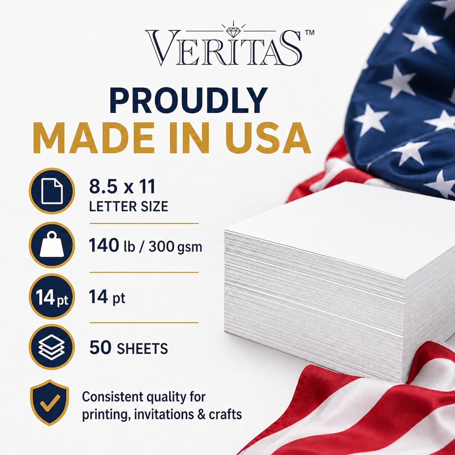 Veritas Extra Heavyweight White Cardstock 8.5 x 11”, 130lb/300gsm Thick 14pt Cover Card Stock, 50 Sheets, Made in USA, for Invitations, Certificates, Greeting Cards, Covers & Presentation Projects