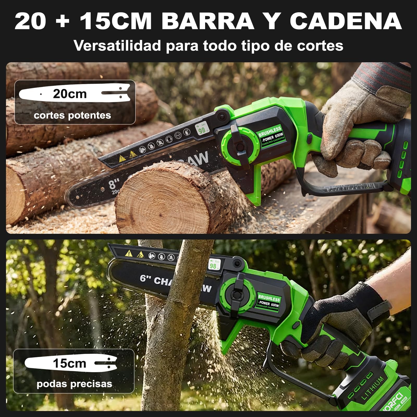 8 Pulgadas Mini Motosierra, 2 Baterías y Cargador Incluidos, Motosierra Bateria Inalámbrica sin Escobillas, Sierra Eléctrica para Podar con Lubricación Automática, Podar y Cortar Madera